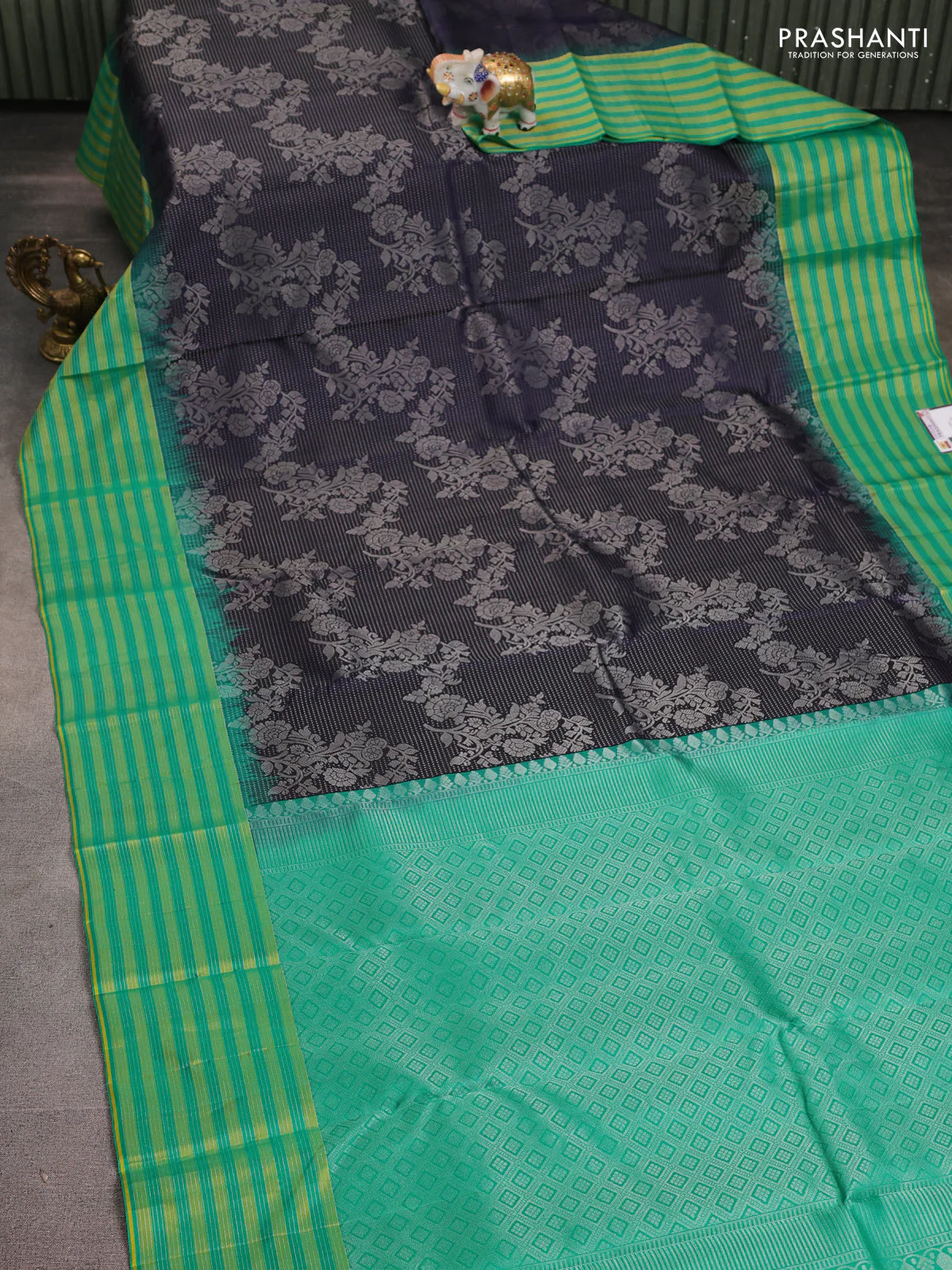 Pure soft silk saree navy blue and teal green with allover silver zari woven brocade weaves and long silver zari woven border - Image 2