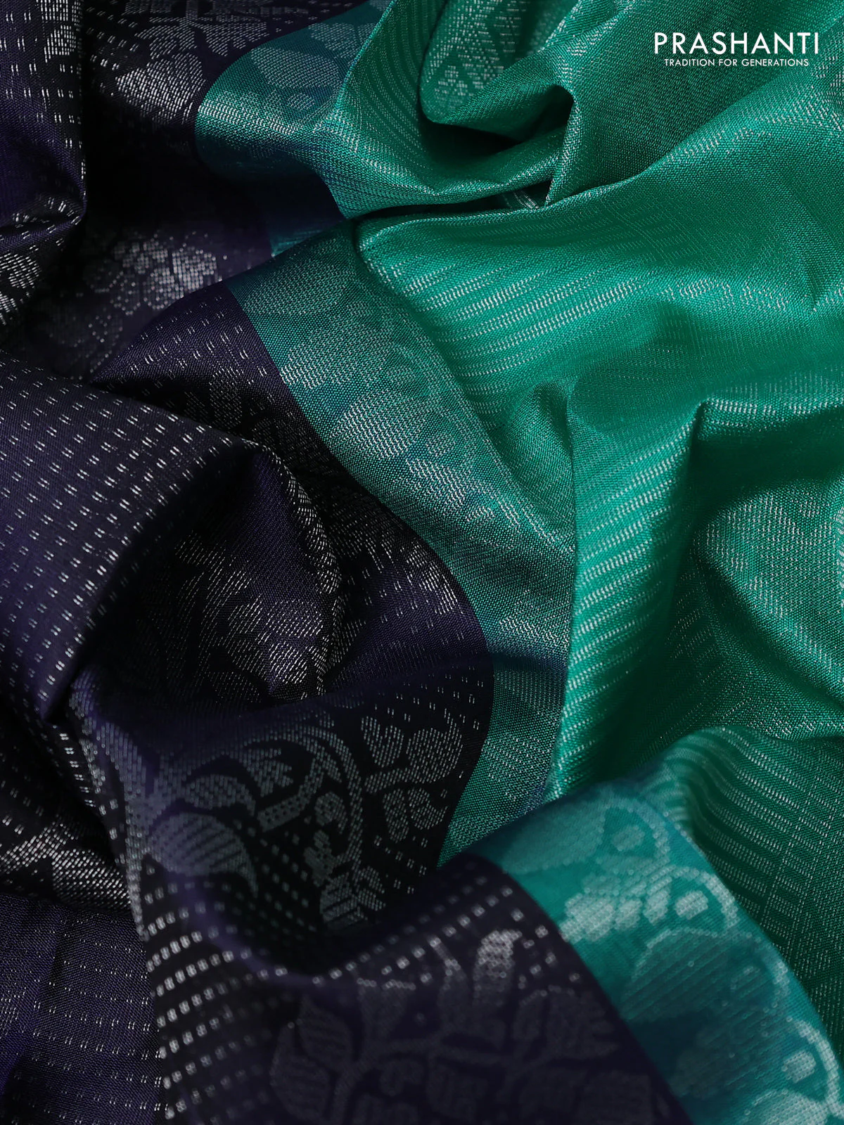 Pure soft silk saree navy blue and teal green with allover silver zari woven brocade weaves and long silver zari woven border - Image 3