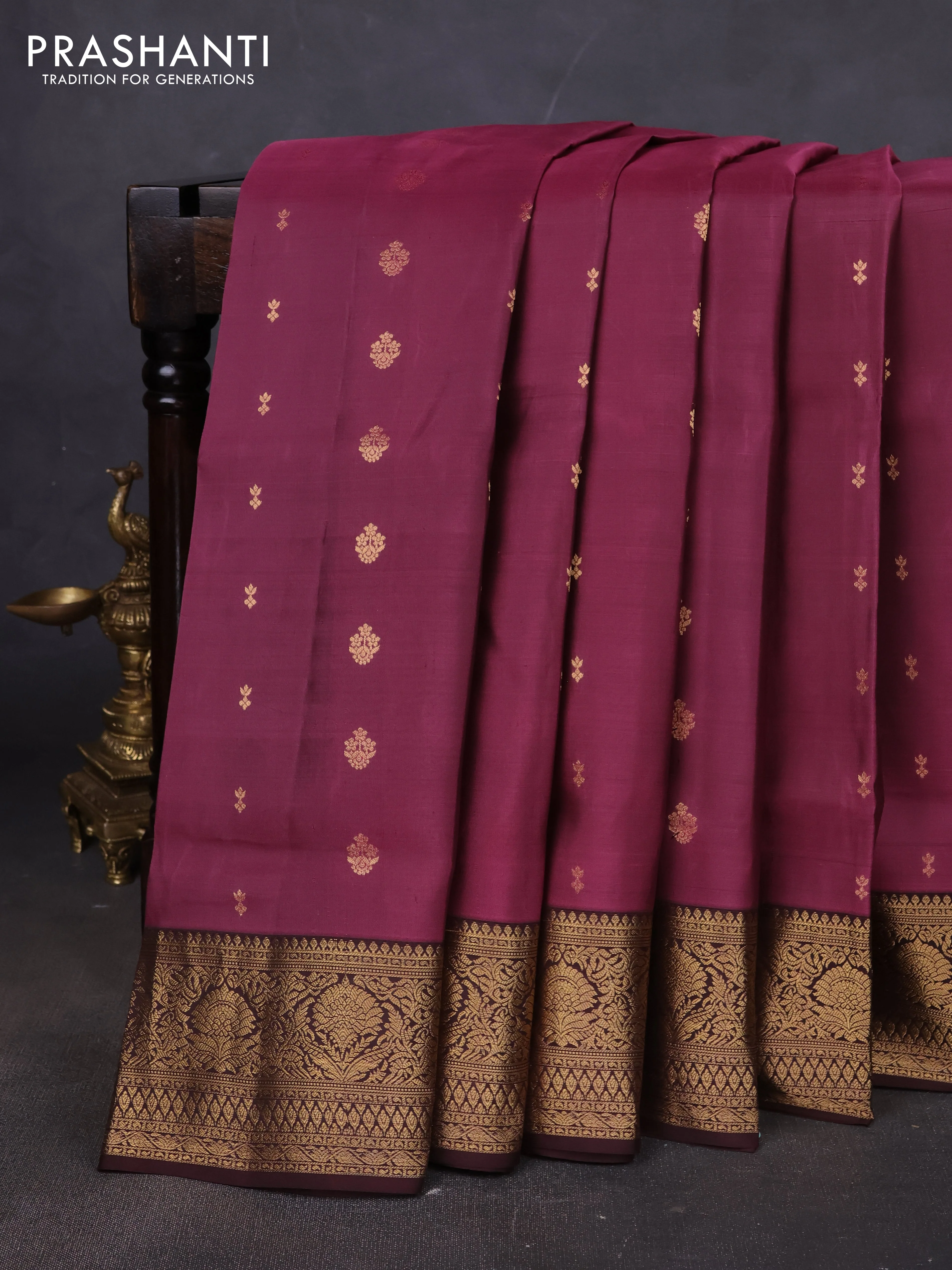 Pure soft silk saree onion pink and coffee brown with allover zari woven buttas and rich zari woven border