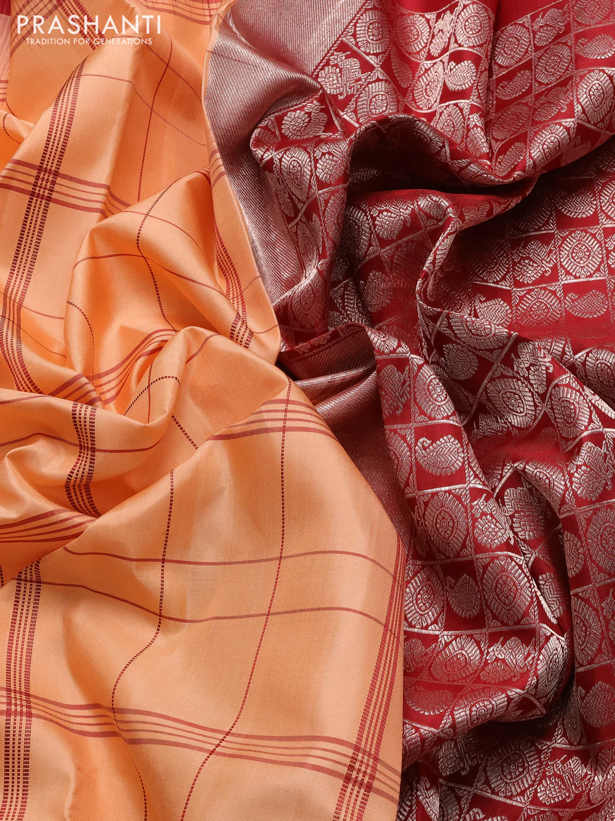 Pure soft silk saree pale orange and maroon with allover checked pattern and zari woven butta border - Image 3