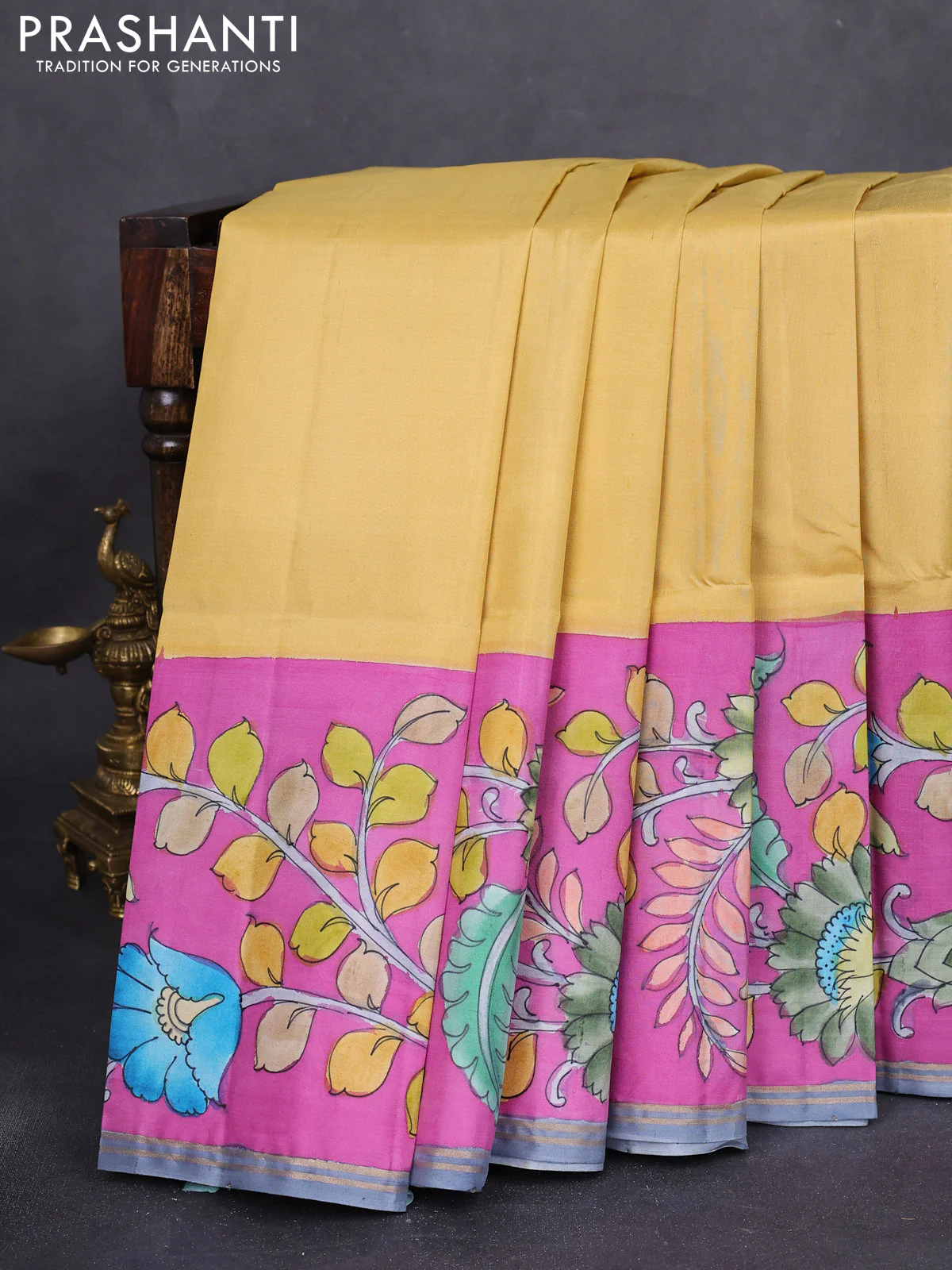 Pure soft silk saree pale yellow and magenta pink with plain body and kalamkari hand painted border & pallu