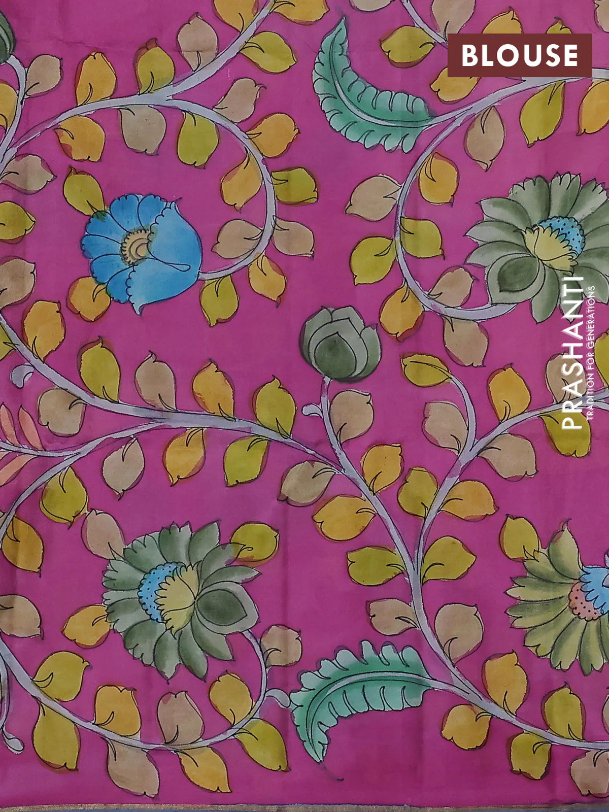 Pure soft silk saree pale yellow and magenta pink with plain body and kalamkari hand painted border & pallu - Image 3