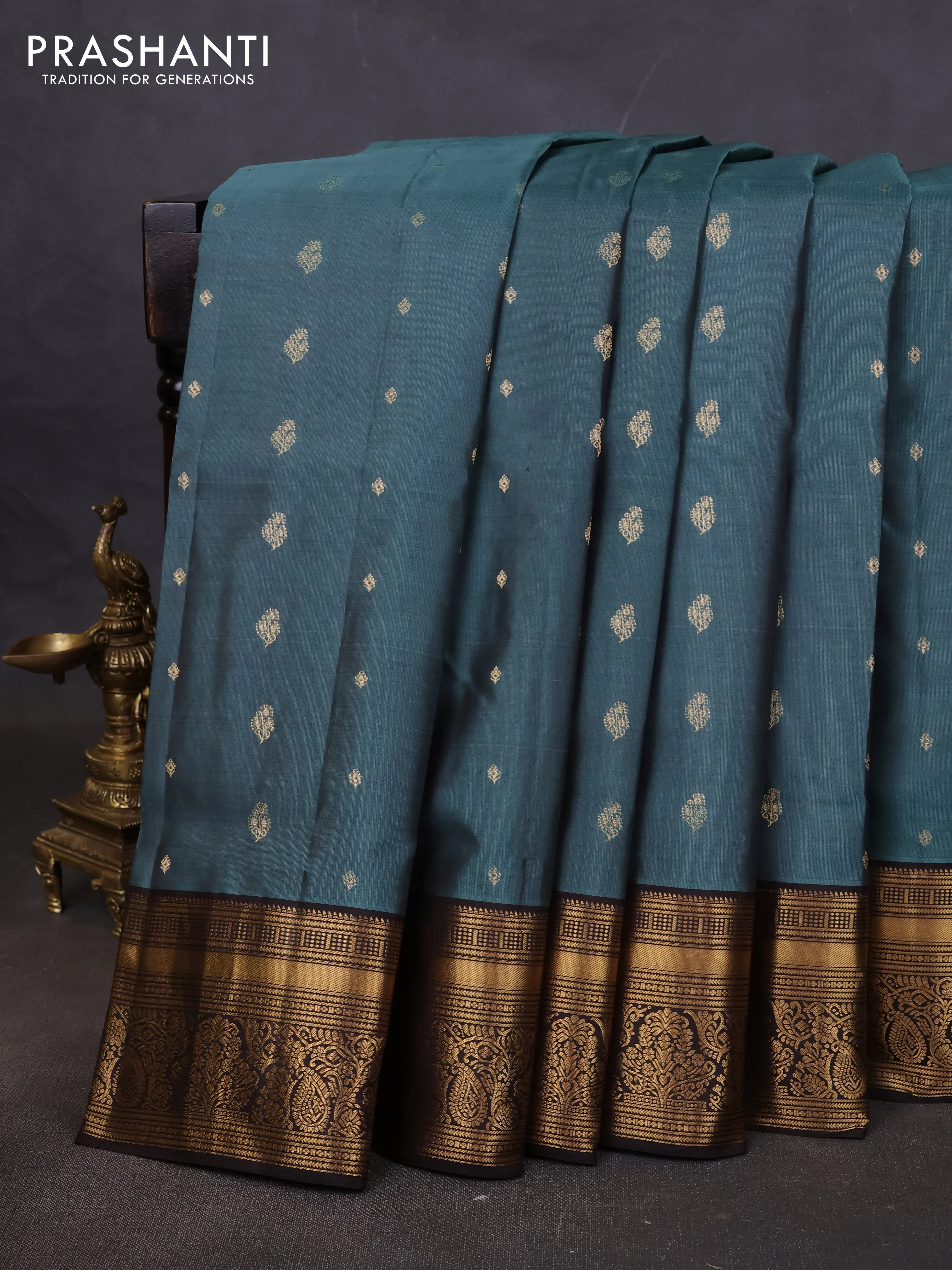 Pure soft silk saree pastel blue and coffee brown with allover zari woven buttas and rich zari woven border