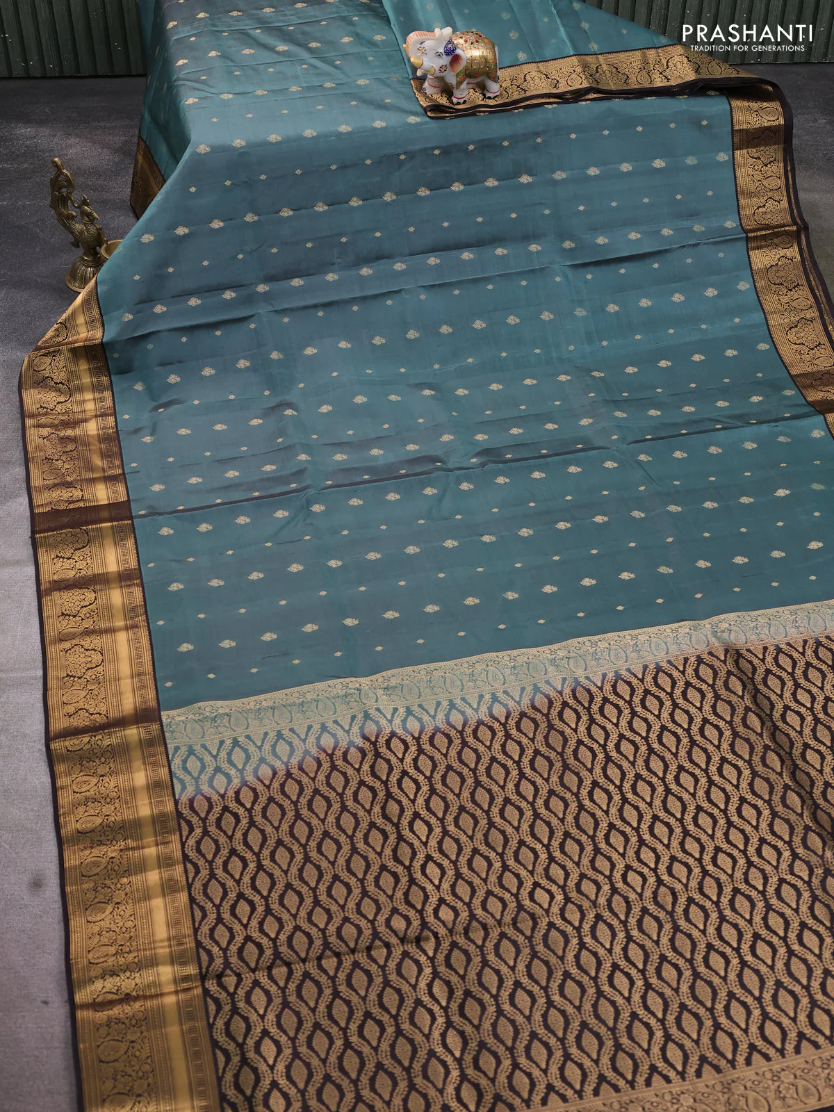 Pure soft silk saree pastel blue and coffee brown with allover zari woven buttas and rich zari woven border - Image 2