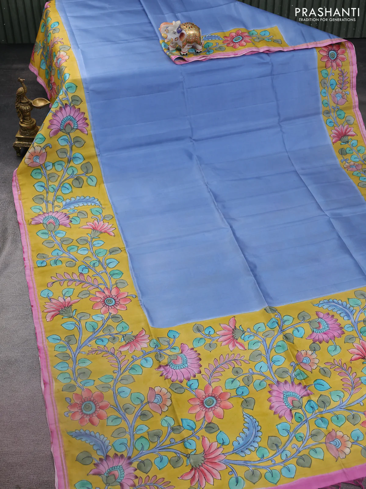 Pure soft silk saree pastel blue and yellow with plain body and kalamkari hand painted border & pallu - Image 2