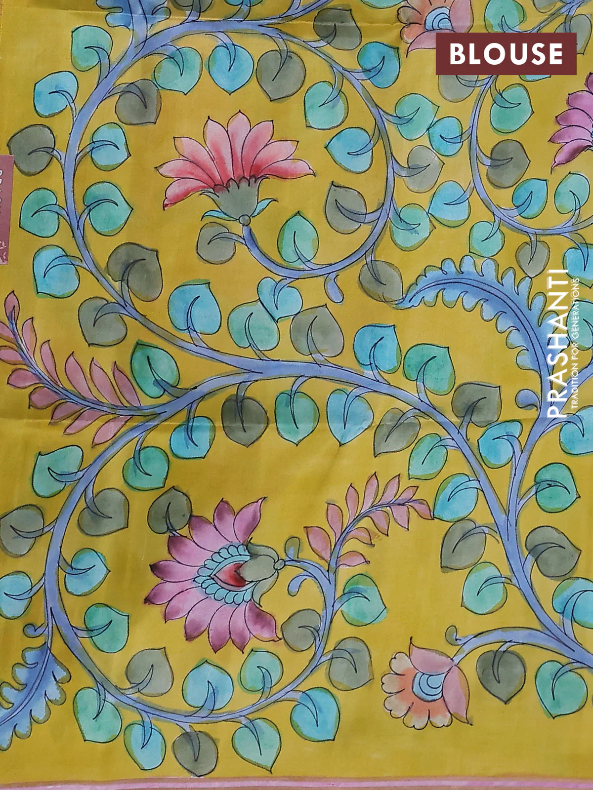 Pure soft silk saree pastel blue and yellow with plain body and kalamkari hand painted border & pallu - Image 3