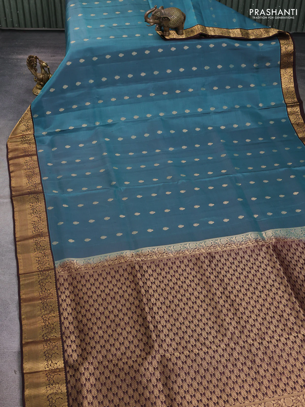 Pure soft silk saree pastel blue shade and brown with allover zari woven buttas and zari woven floral border - Image 2