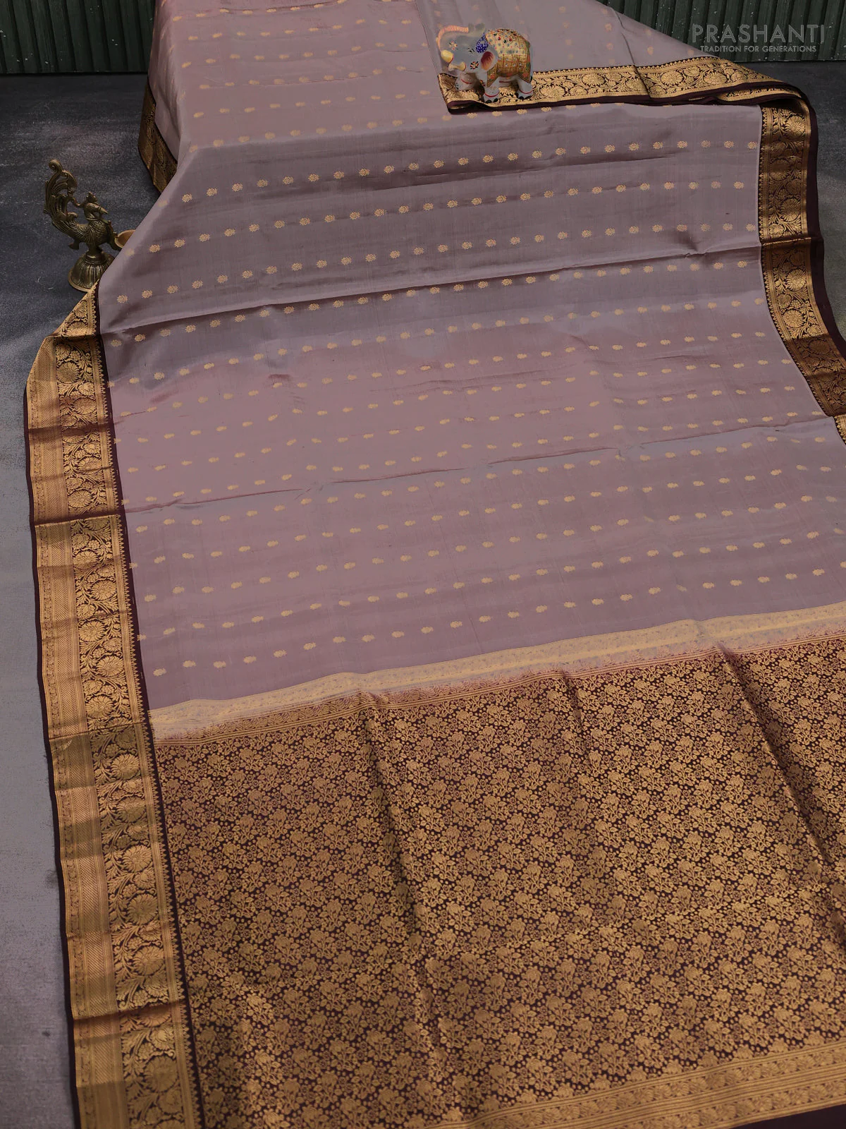 Pure soft silk saree pastel brown and coffee brown with allover zari woven buttas and rich zari woven border - Image 2