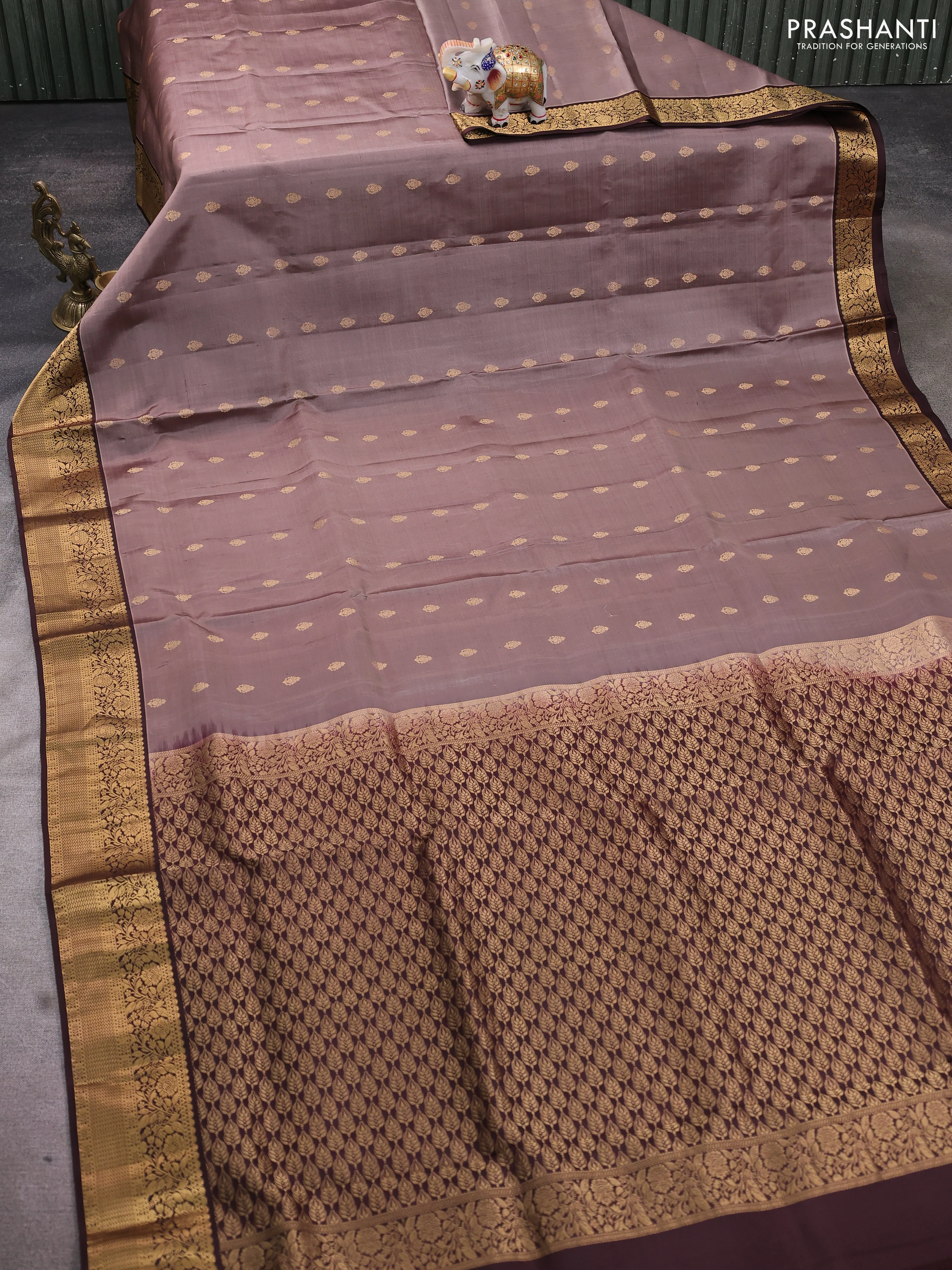 Pure soft silk saree pastel brown and coffee brown with allover zari woven buttas and zari woven floral border - Image 2