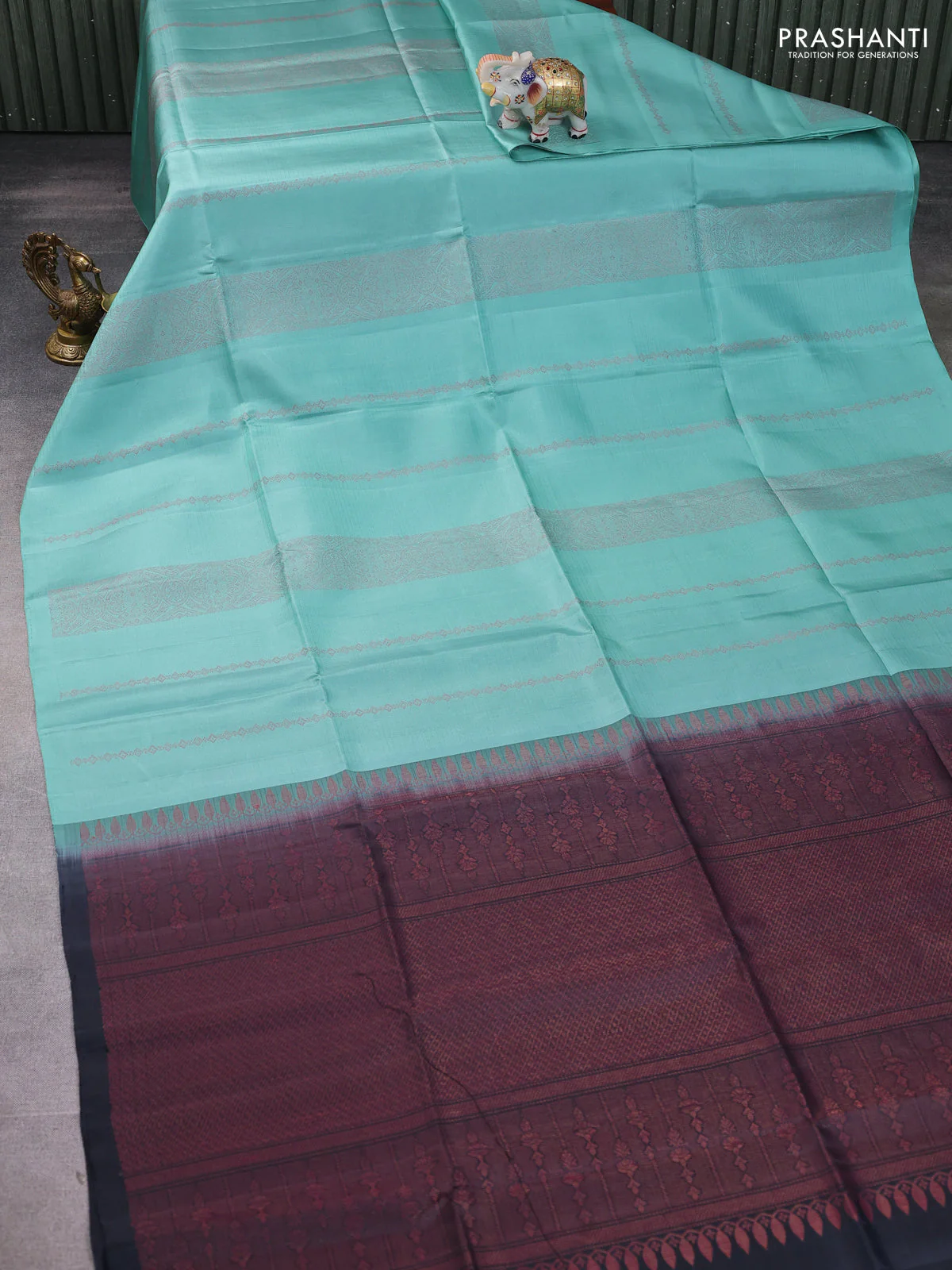 Pure soft silk saree pastel green and black with allover thread zari woven buttas and piping border - Image 2