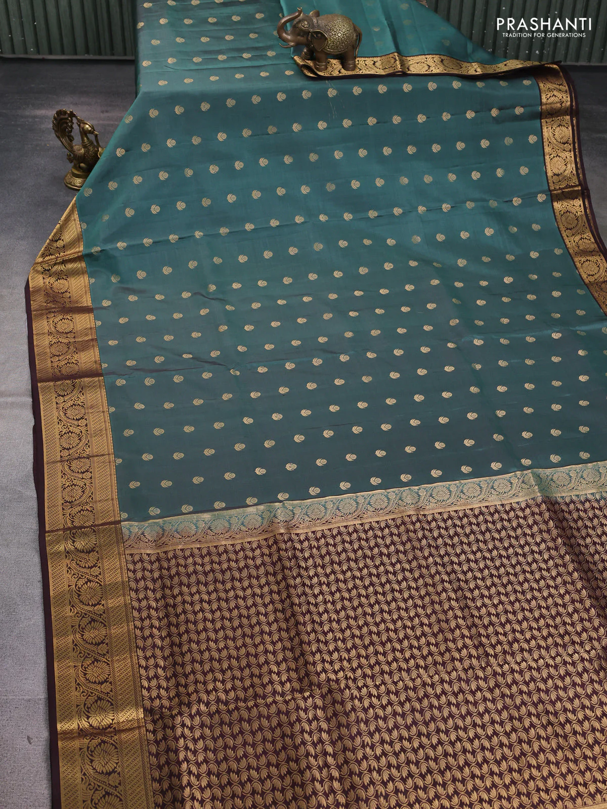Pure soft silk saree pastel green and coffee brown with zari woven buttas and zari woven border - Image 2