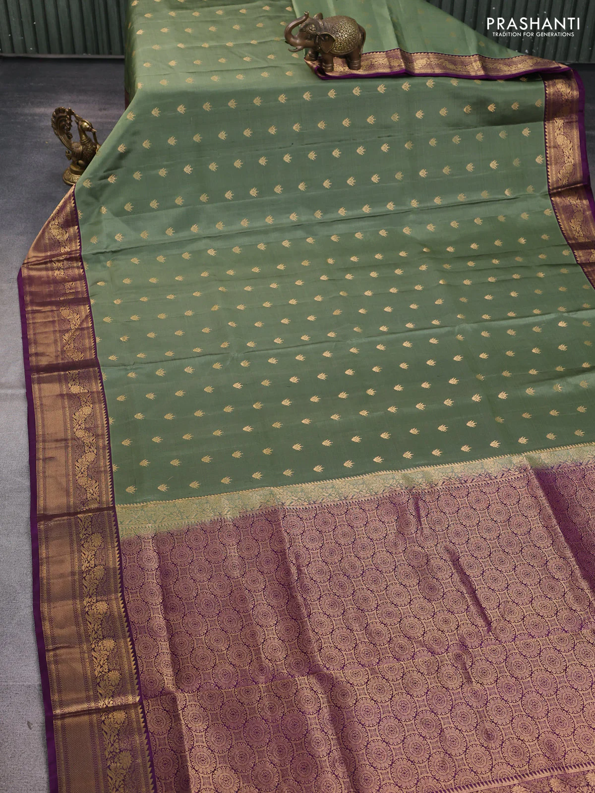 Pure soft silk saree pastel green and deep purple with allover zari woven buttas and rich zari woven border - Image 2