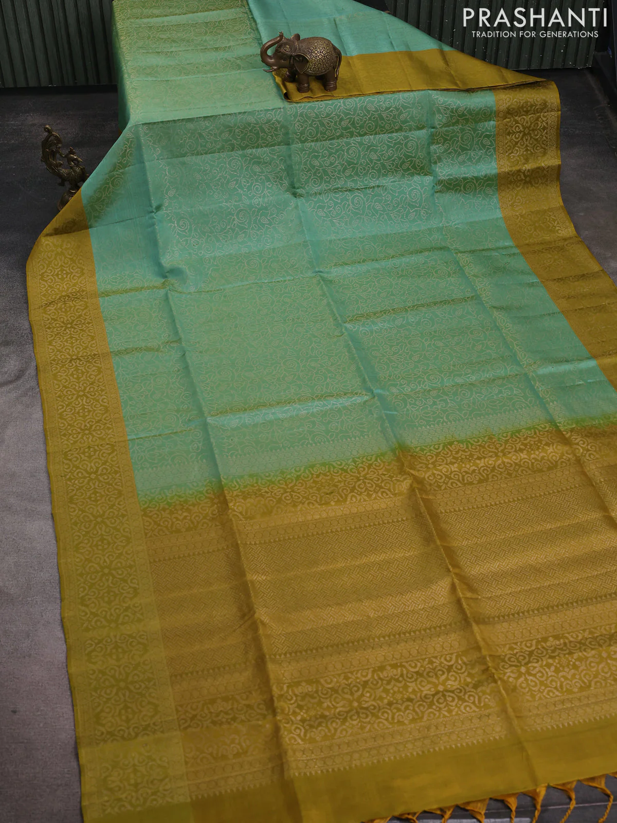Pure soft silk saree pastel green and mustard green with allover zari brocade weaves and zari woven border - Image 2