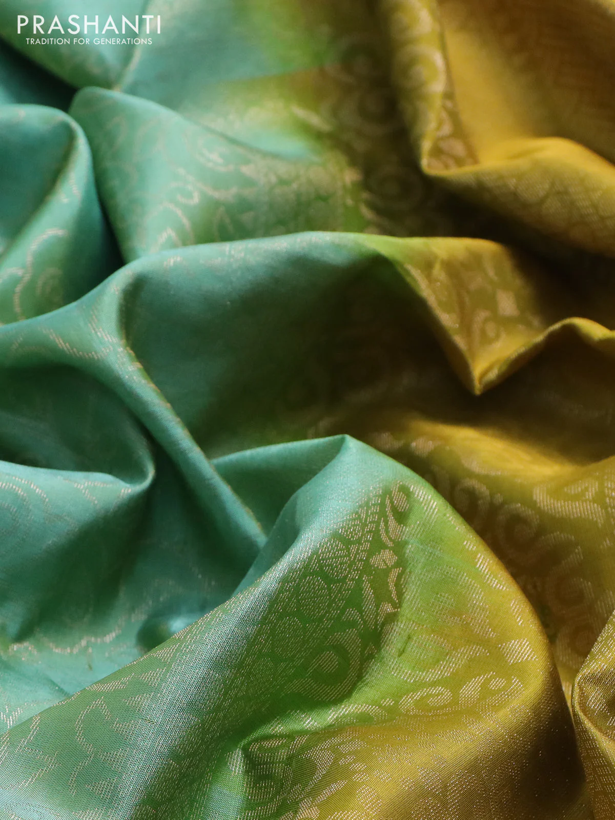 Pure soft silk saree pastel green and mustard green with allover zari brocade weaves and zari woven border - Image 3