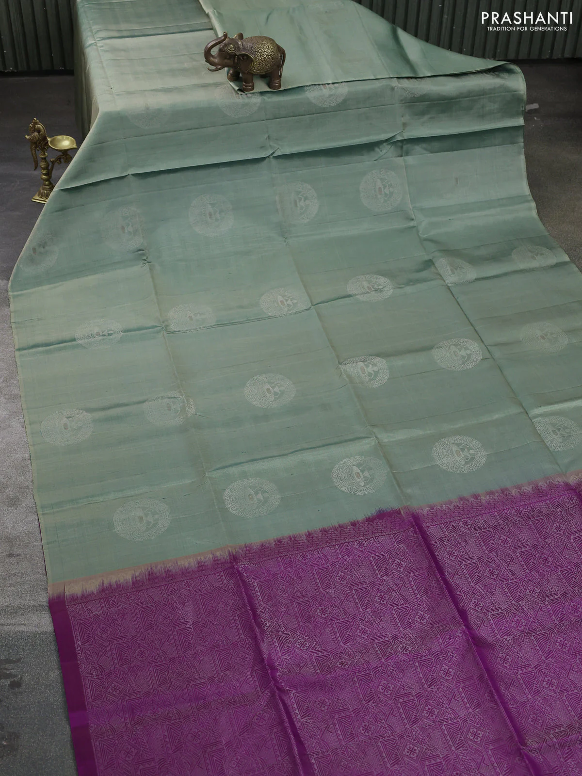 Pure soft silk saree pastel green and purple with silver zari woven warli buttas in borderless style - Image 2