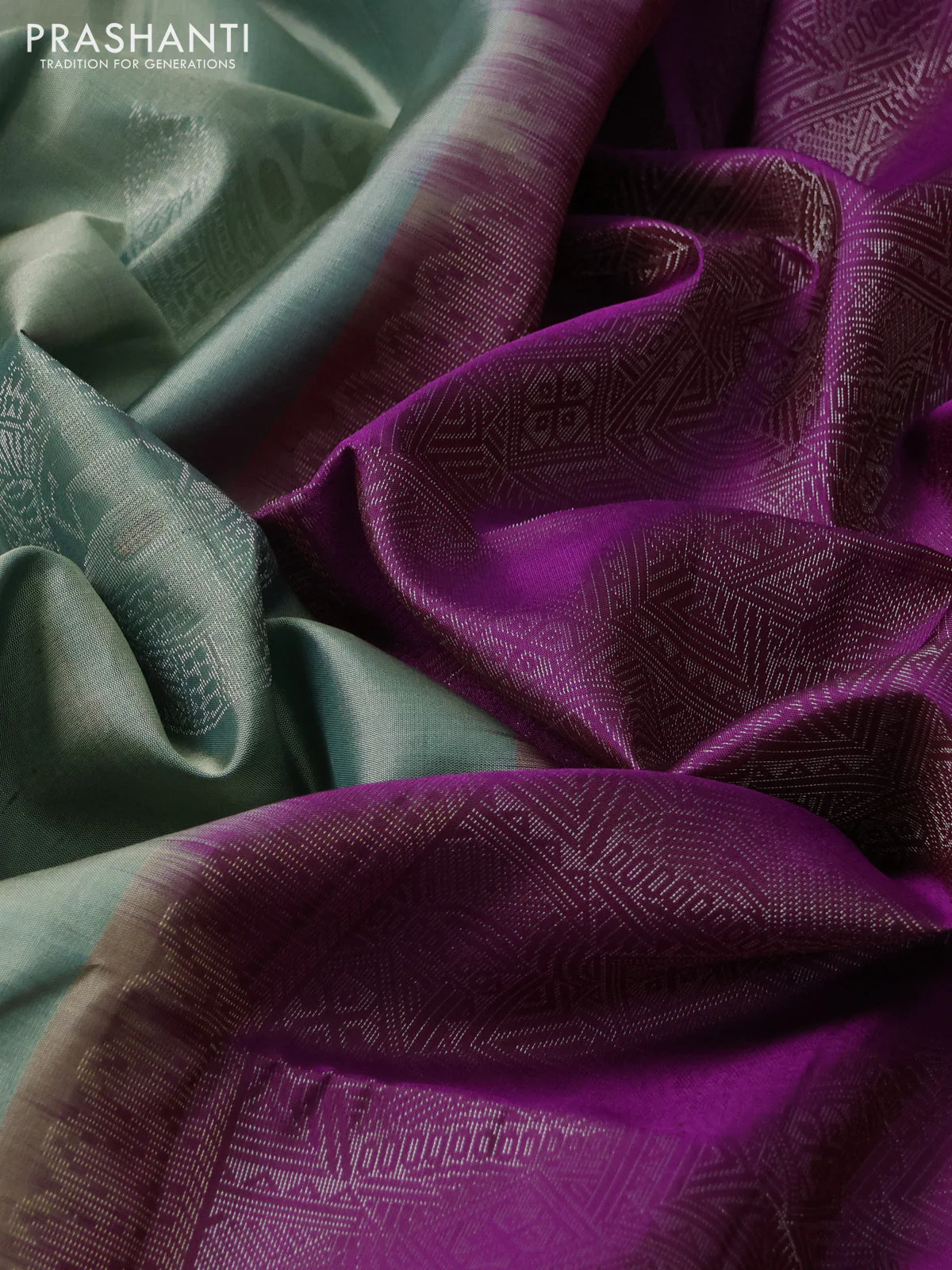 Pure soft silk saree pastel green and purple with silver zari woven warli buttas in borderless style - Image 3
