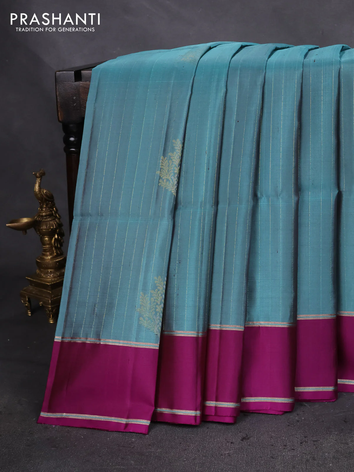 Pure soft silk saree pastel green and purple with zari woven buttas and zari woven butta border