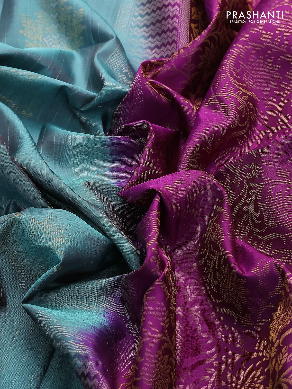 Pure soft silk saree pastel green and purple with zari woven buttas and zari woven butta border - Image 3