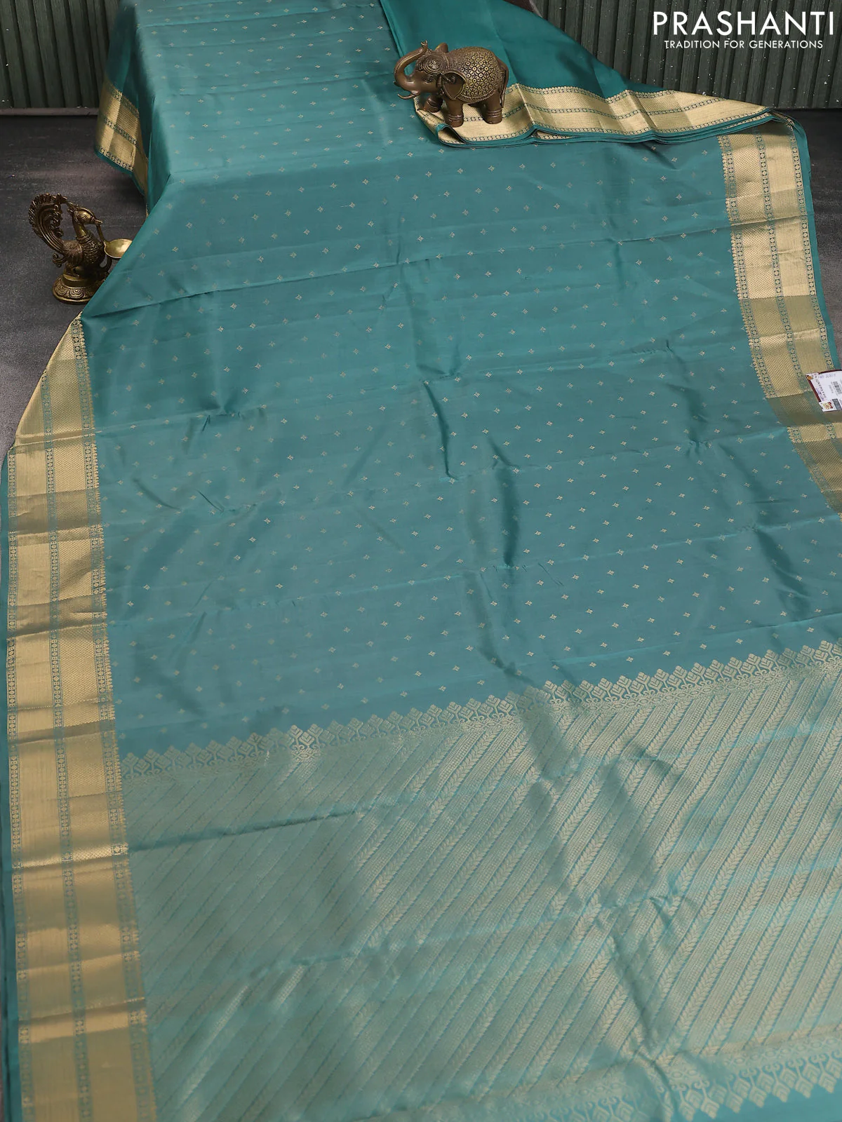 Pure soft silk saree pastel green shade with allover zari woven buttas and zari woven border - Image 2