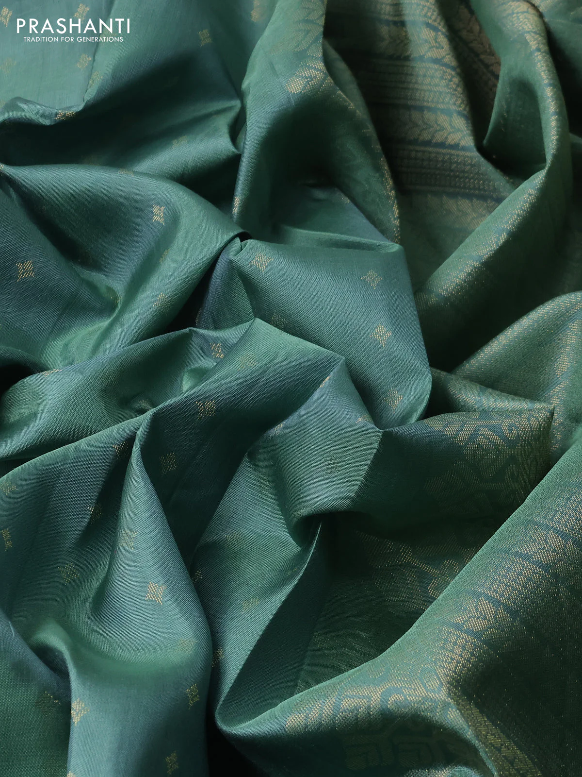 Pure soft silk saree pastel green with allover zari woven buttas and zari woven border - Image 3