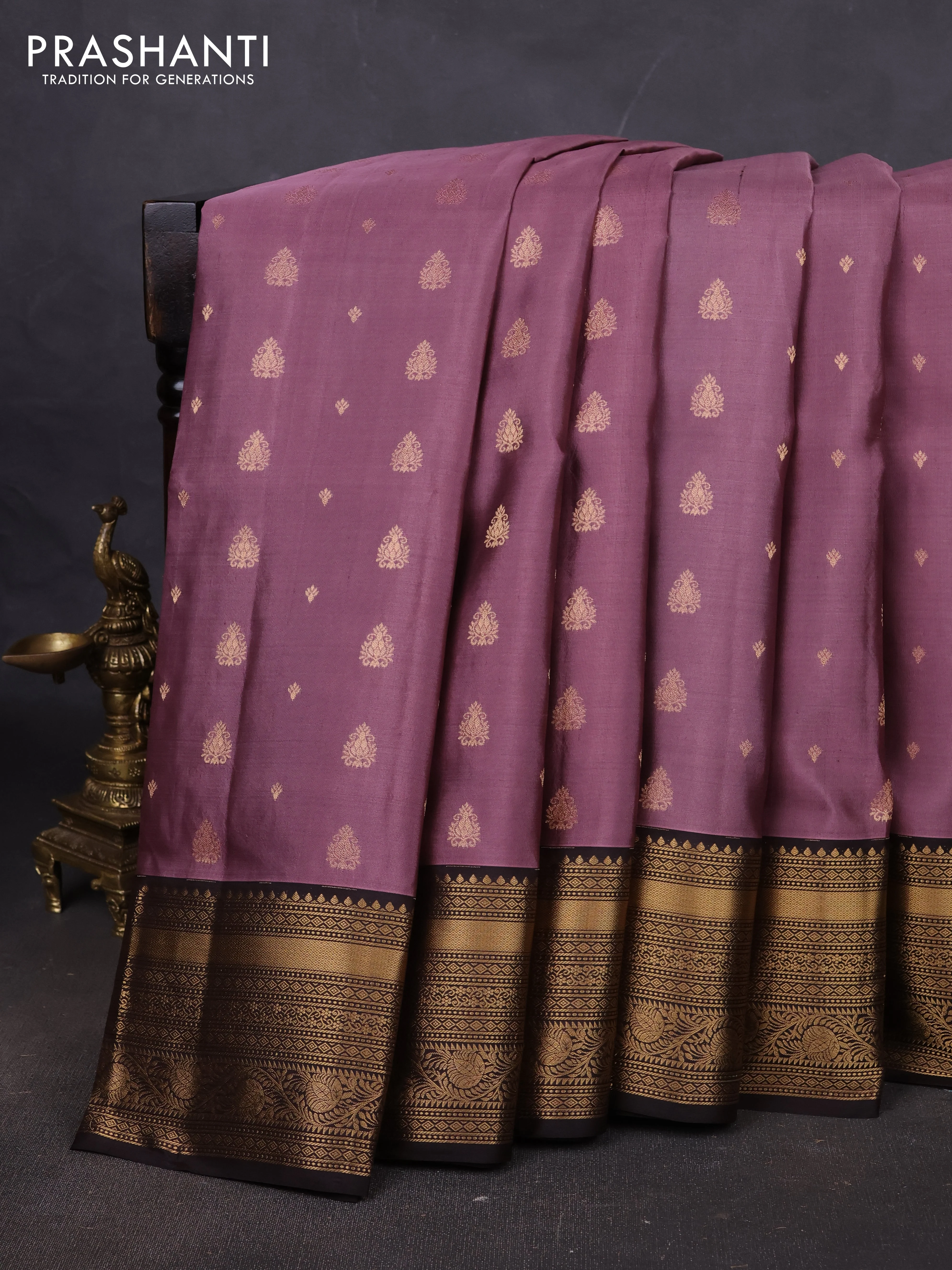 Pure soft silk saree pastel pink and coffee brown with allover zari woven buttas and rich zari woven border