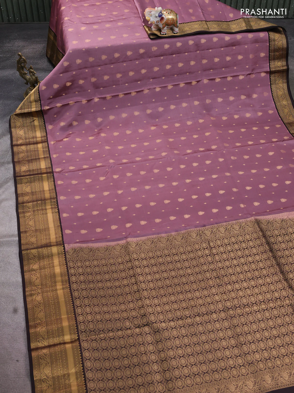 Pure soft silk saree pastel pink and coffee brown with allover zari woven buttas and rich zari woven border - Image 2