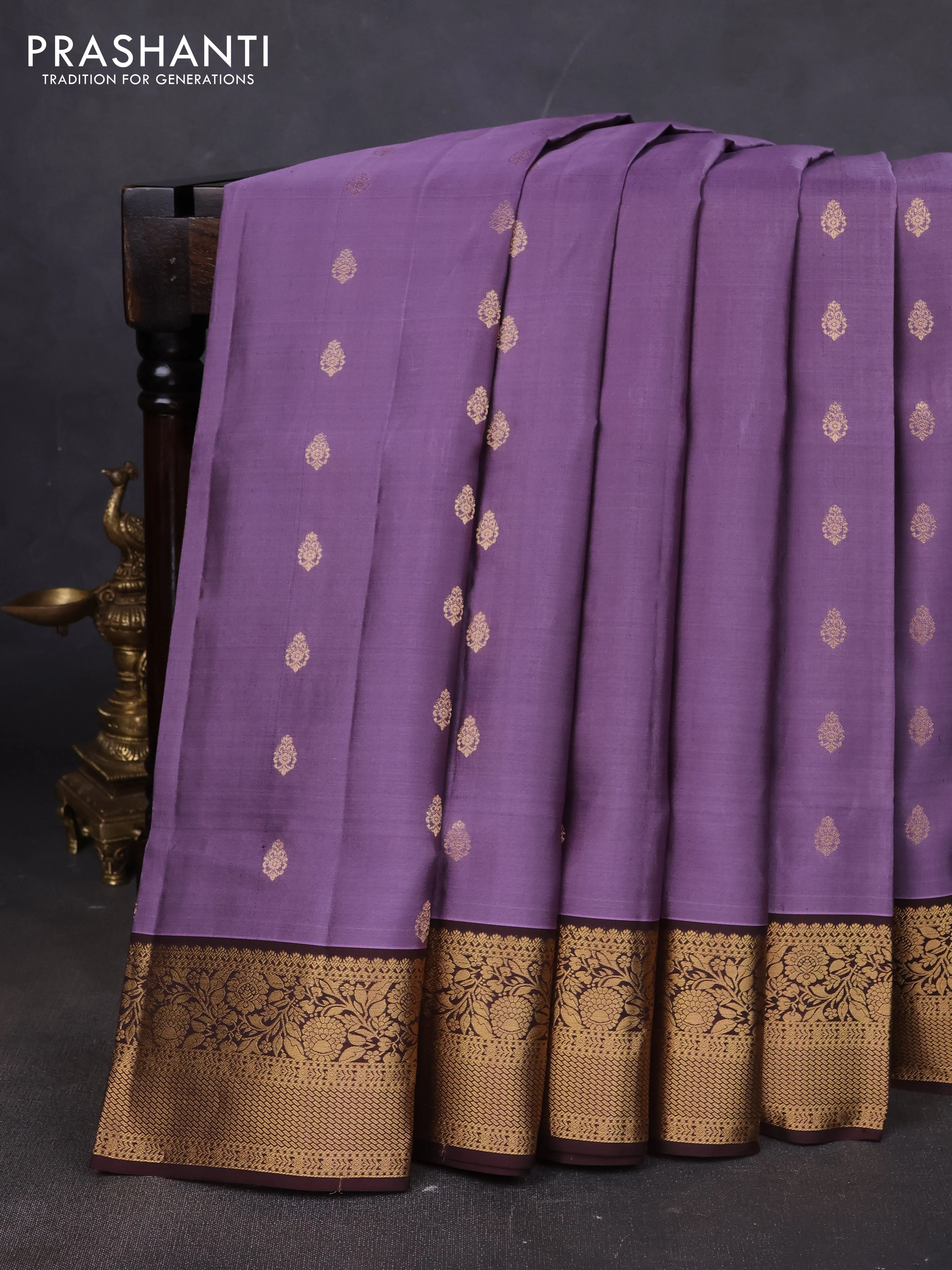 Pure soft silk saree pastel purple and brown with allover zari woven buttas and zari woven floral border