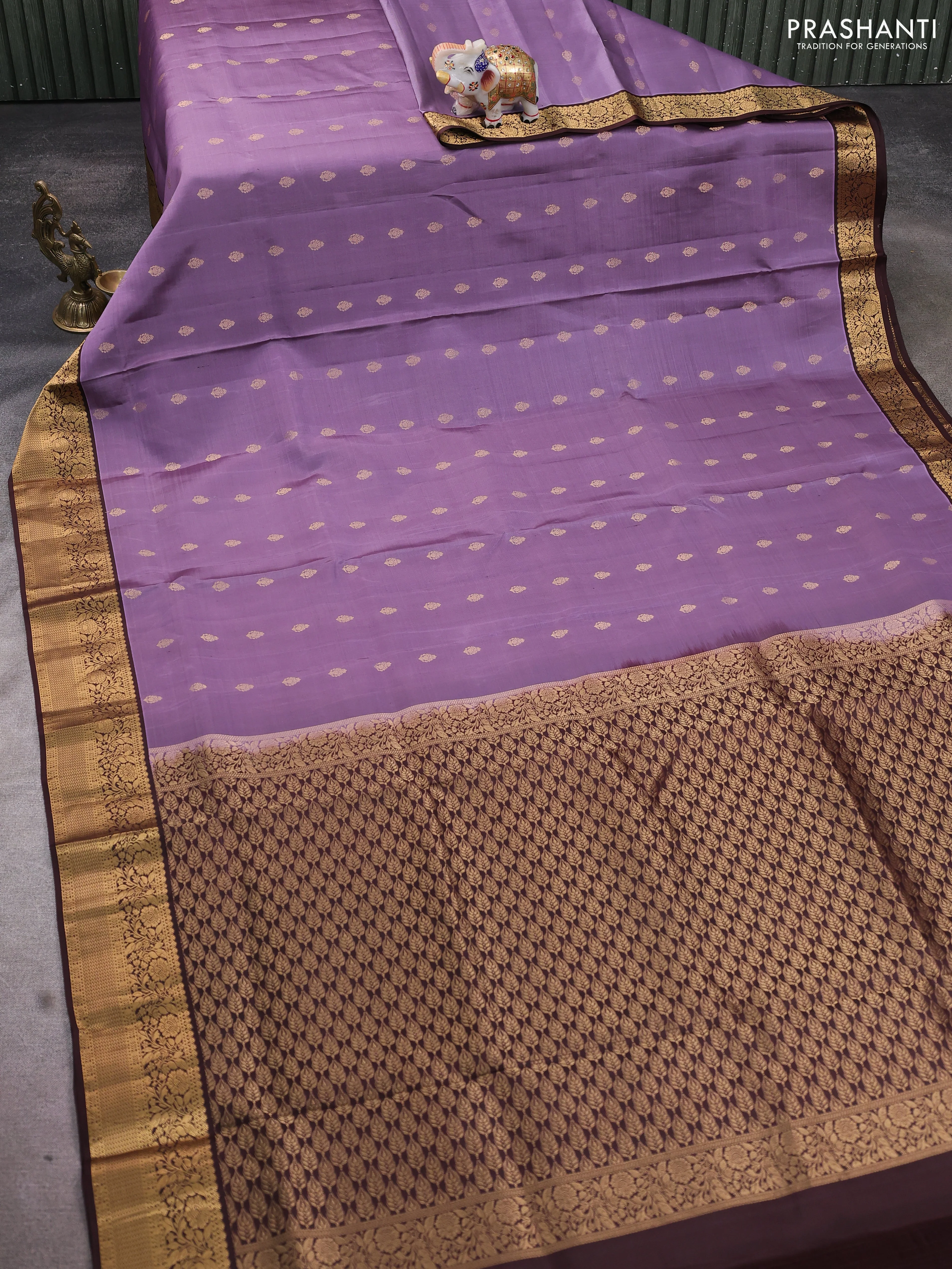 Pure soft silk saree pastel purple and brown with allover zari woven buttas and zari woven floral border - Image 2