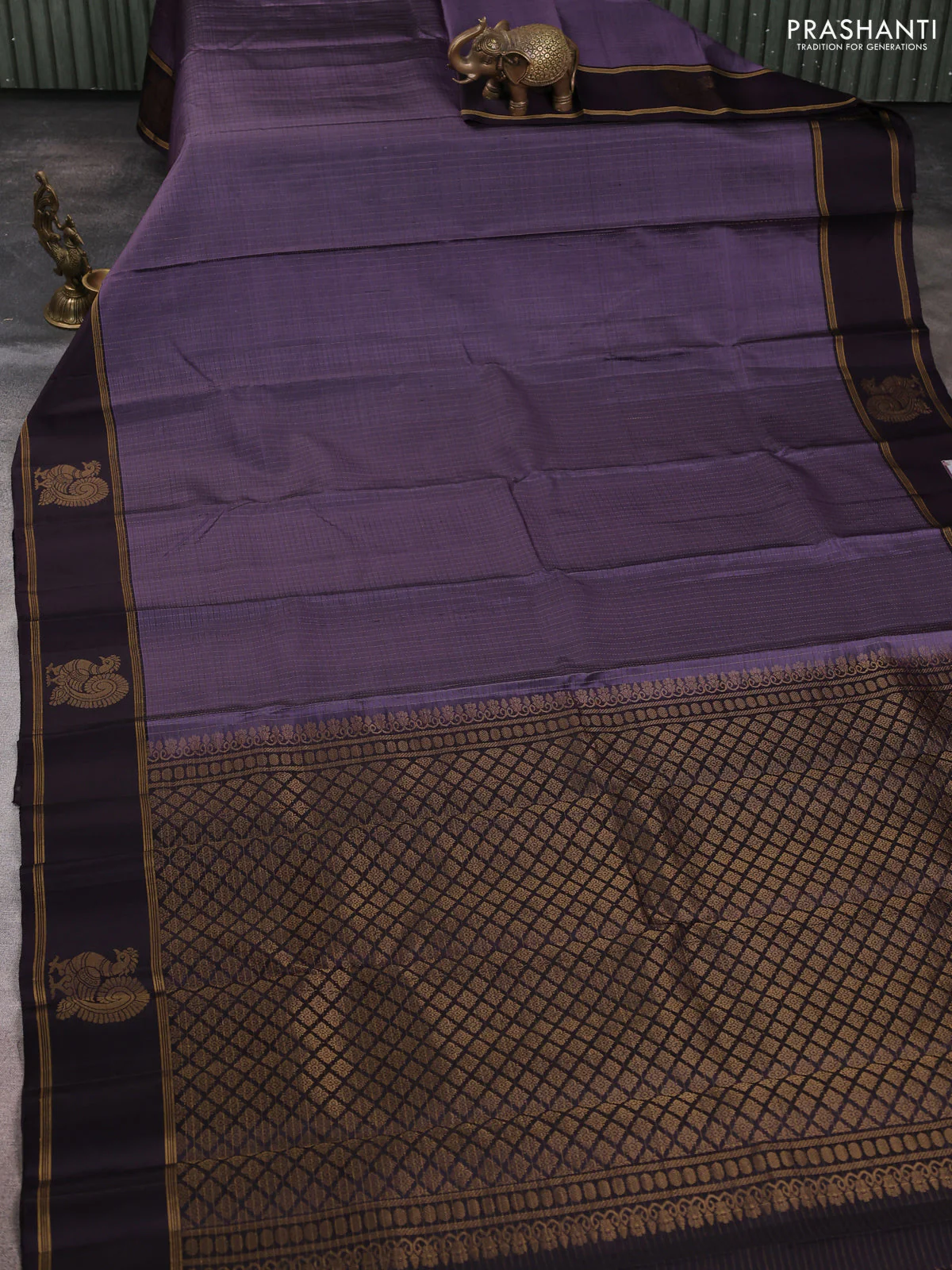 Pure soft silk saree pastel purple and coffee brown with allover zari weaves  and rettapet zari woven butta border - Image 2