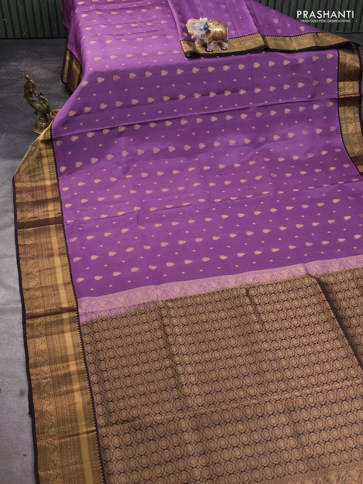 Pure soft silk saree pastel purple and coffee brown with allover zari woven buttas and rich zari woven border - Image 2