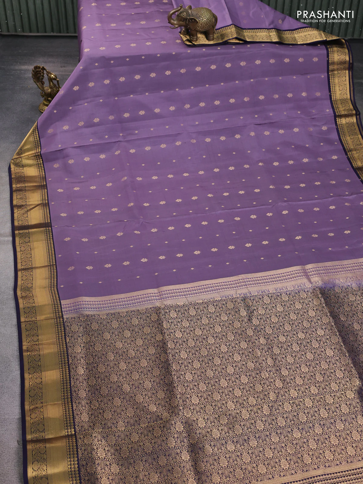Pure soft silk saree pastel purple and navy blue with allover zari woven buttas and rich zari woven border - Image 2