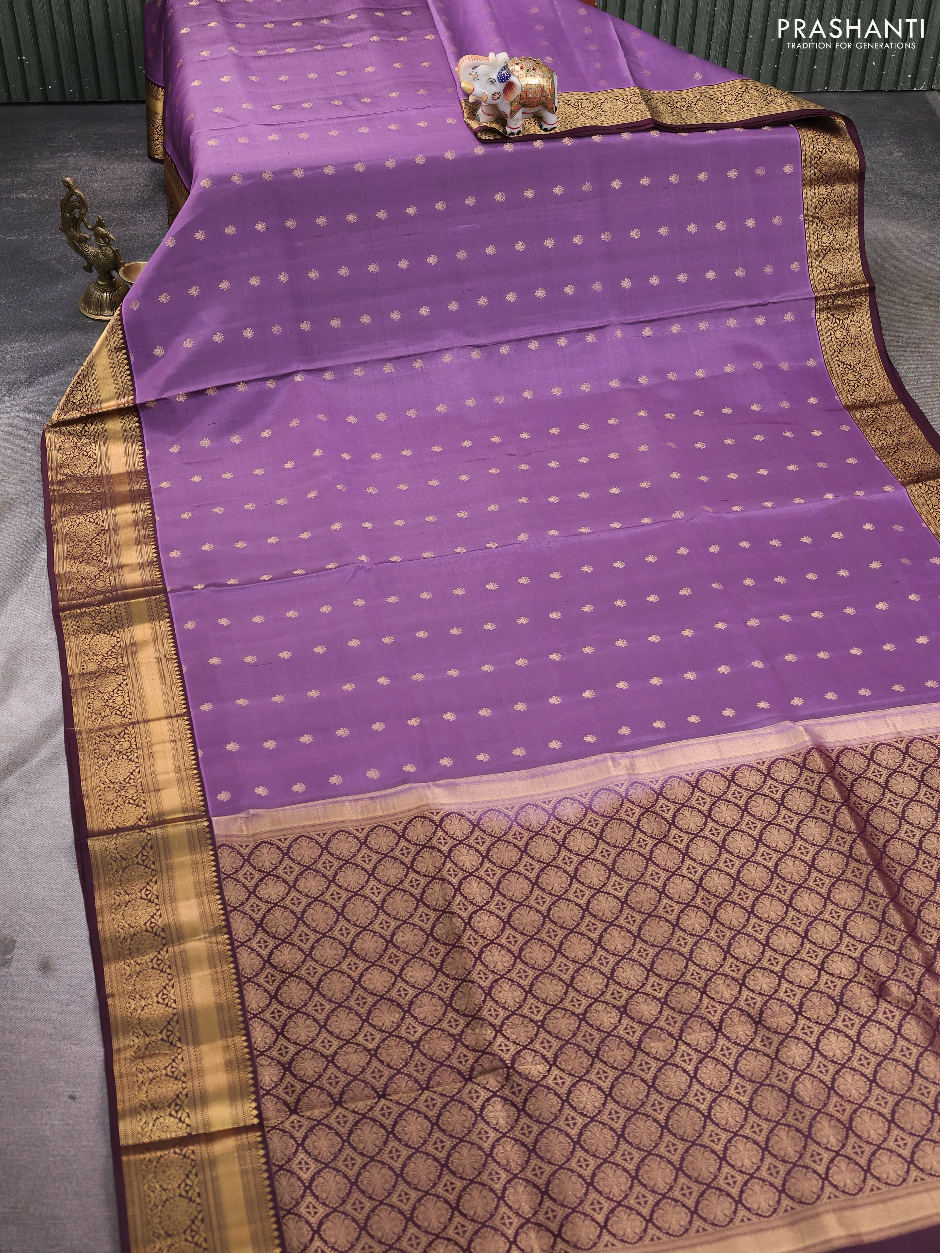 Pure soft silk saree pastel purple and wine shade with allover zari woven buttas and floral zari woven border - Image 2