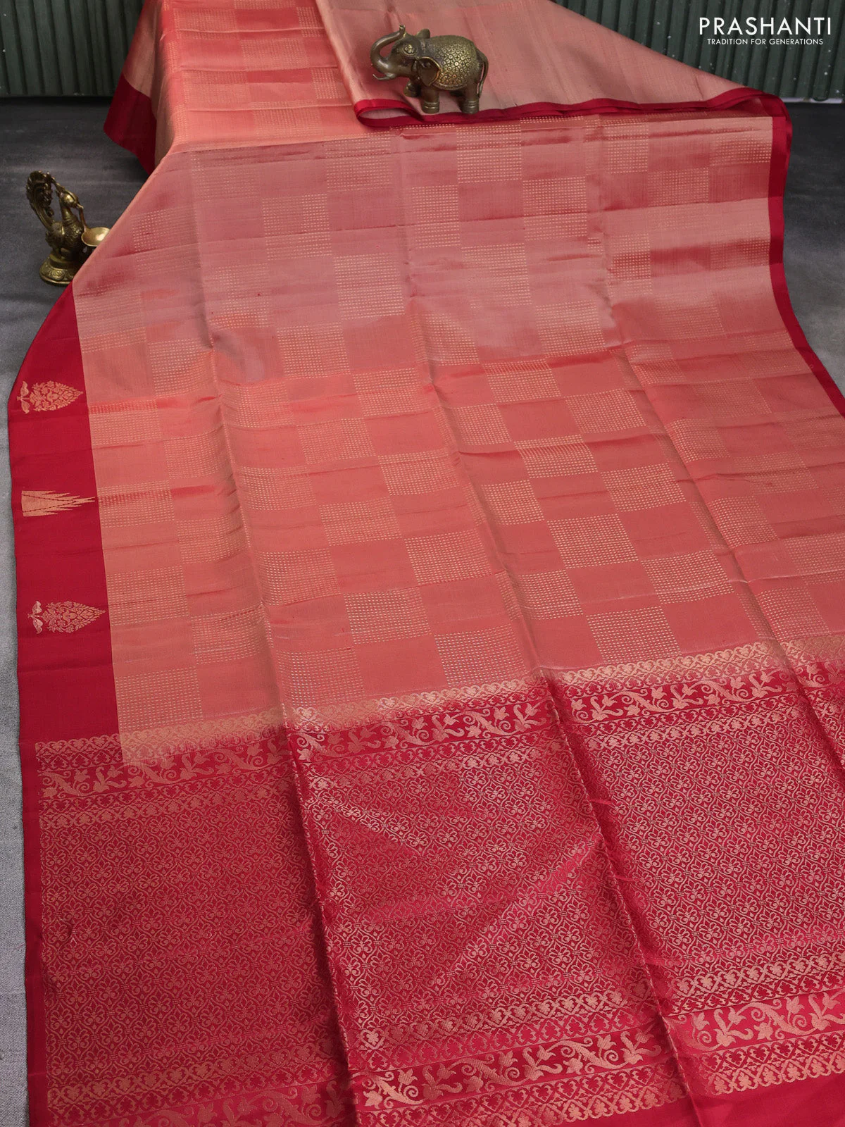 Pure soft silk saree peach orange and red with box type zari woven buttas and temple zari woven butta border - Image 2