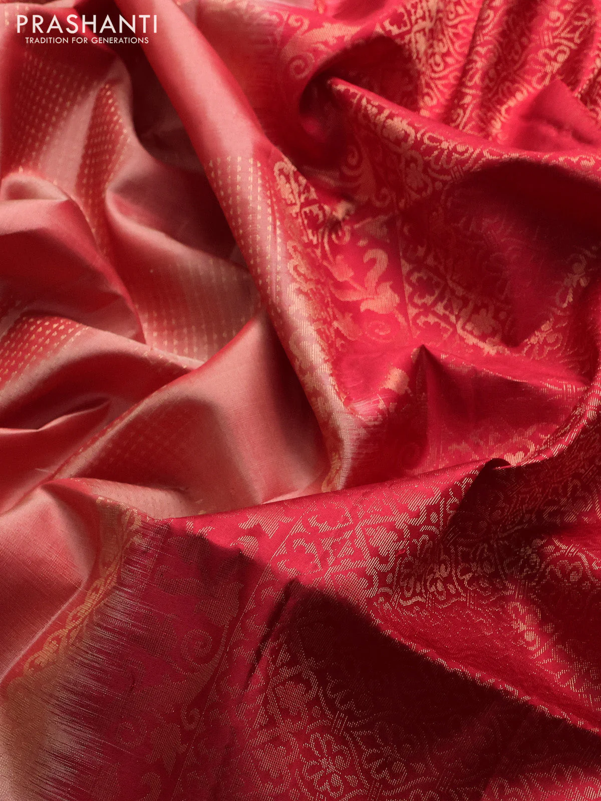Pure soft silk saree peach orange and red with box type zari woven buttas and temple zari woven butta border - Image 3