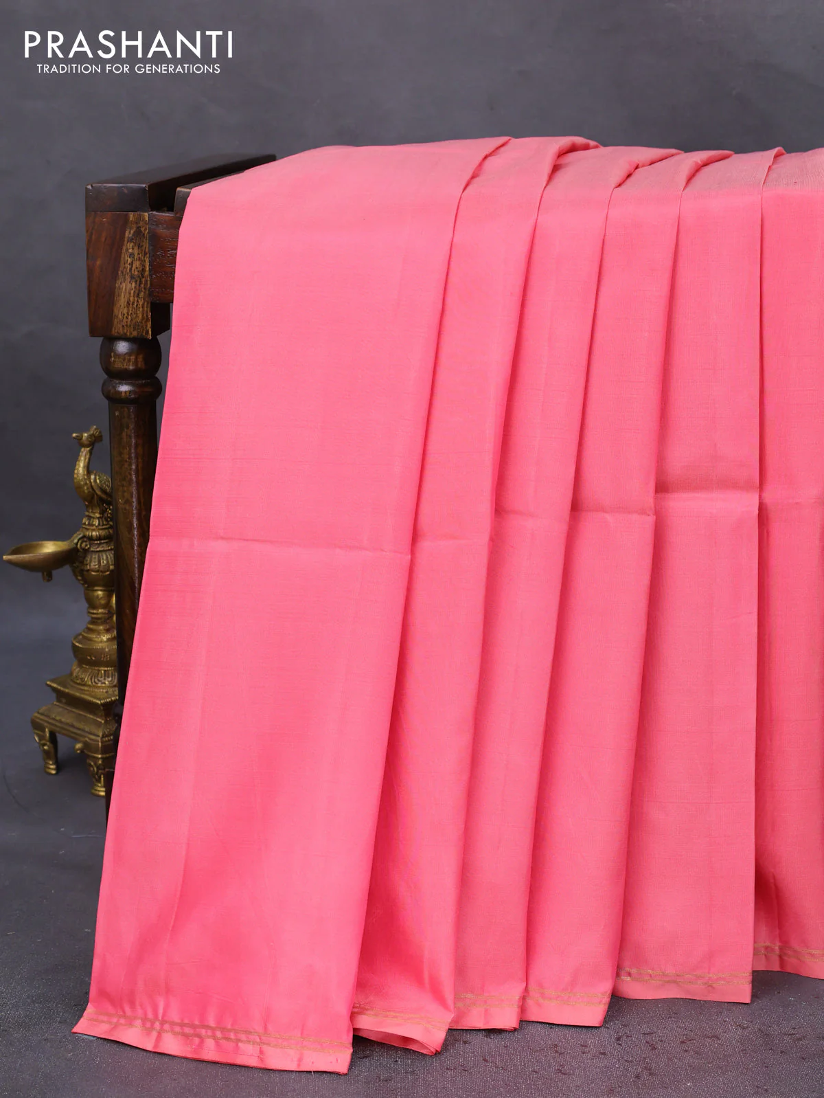 Pure soft silk saree peach pink and green with plain body and hand painted kalamkari pallu - Image 2