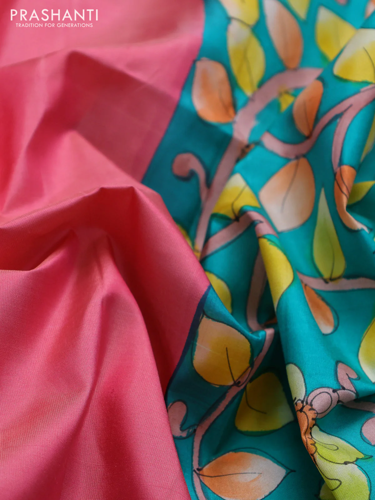 Pure soft silk saree peach pink and green with plain body and hand painted kalamkari pallu - Image 3