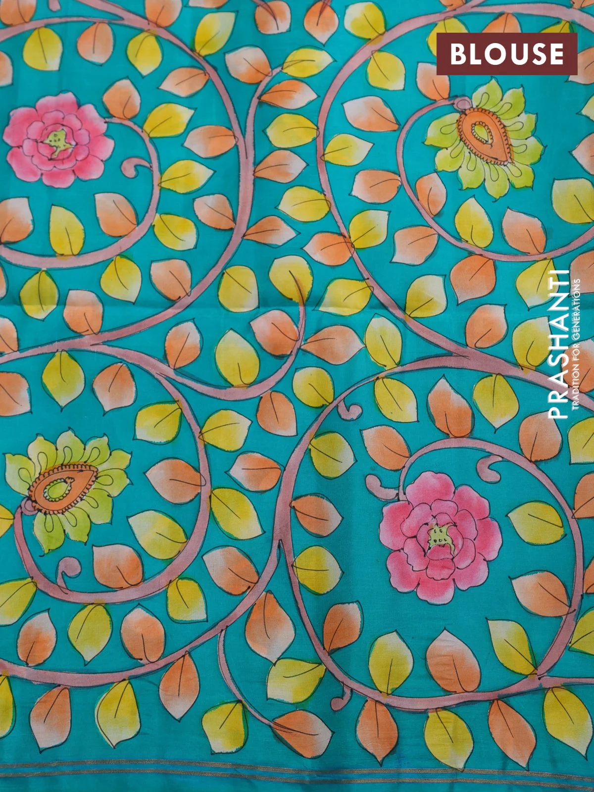 Pure soft silk saree peach pink and green with plain body and hand painted kalamkari pallu - Image 4