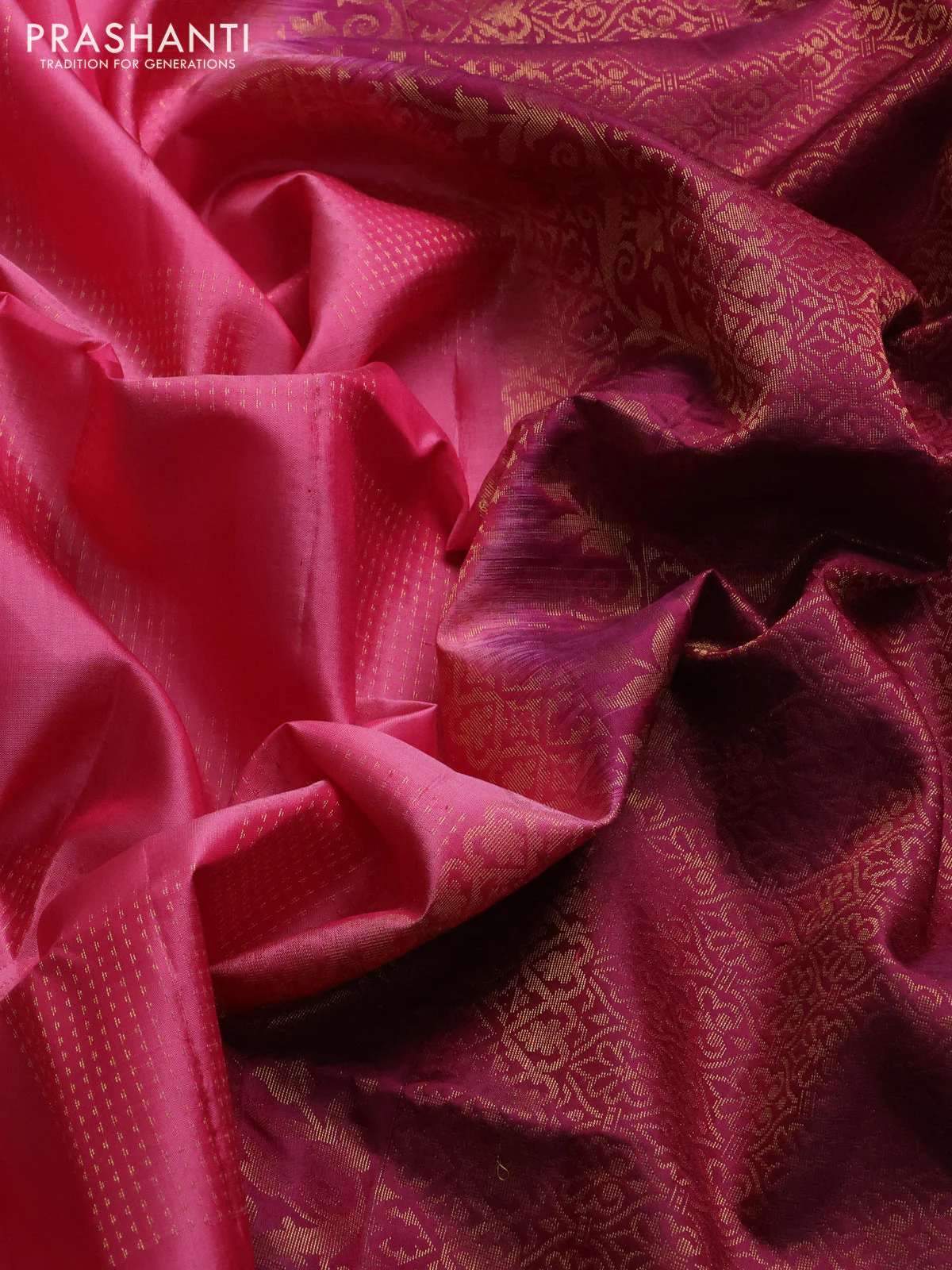 Pure soft silk saree peach pink and magenta pink with box type zari woven buttas and temple zari woven butta border - Image 3