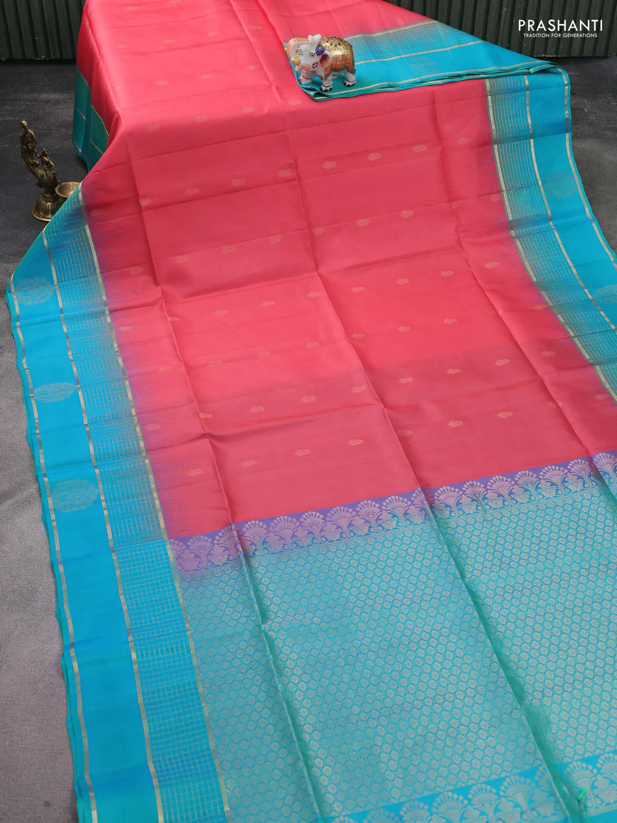 Pure soft silk saree peach pink and teal blue with zari woven buttas and zari woven border - Image 2