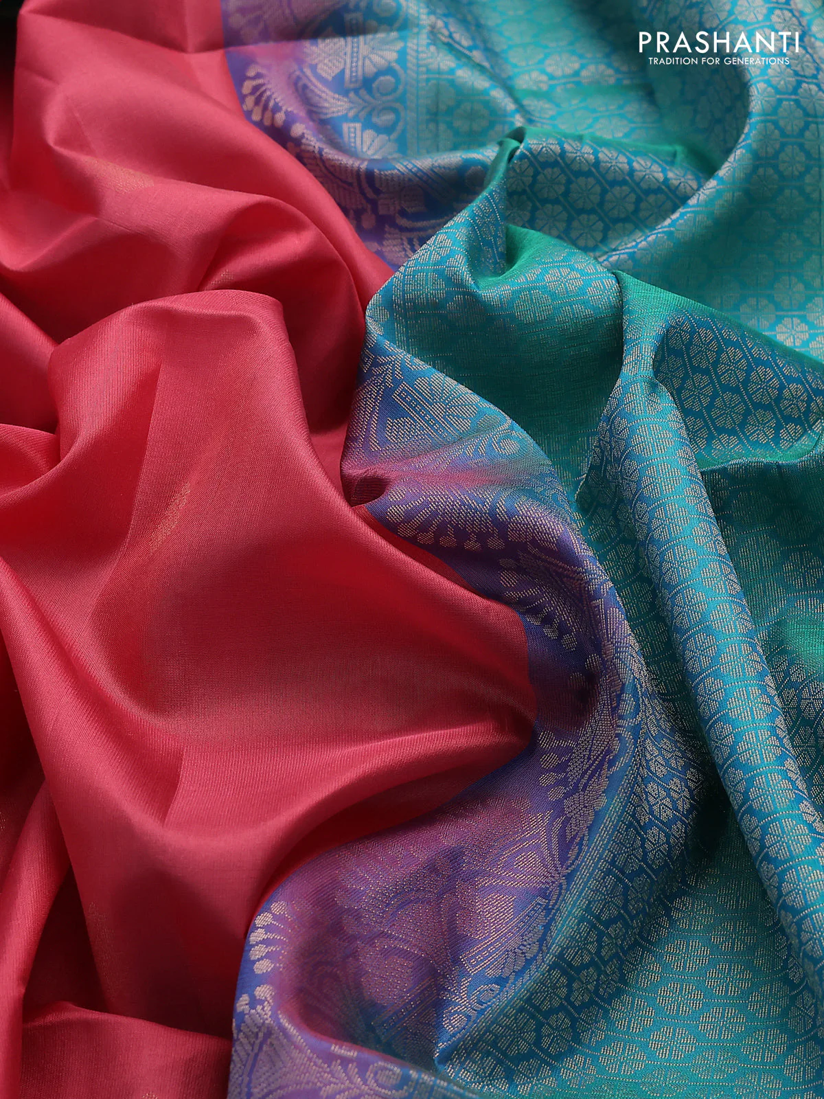 Pure soft silk saree peach pink and teal blue with zari woven buttas and zari woven border - Image 3
