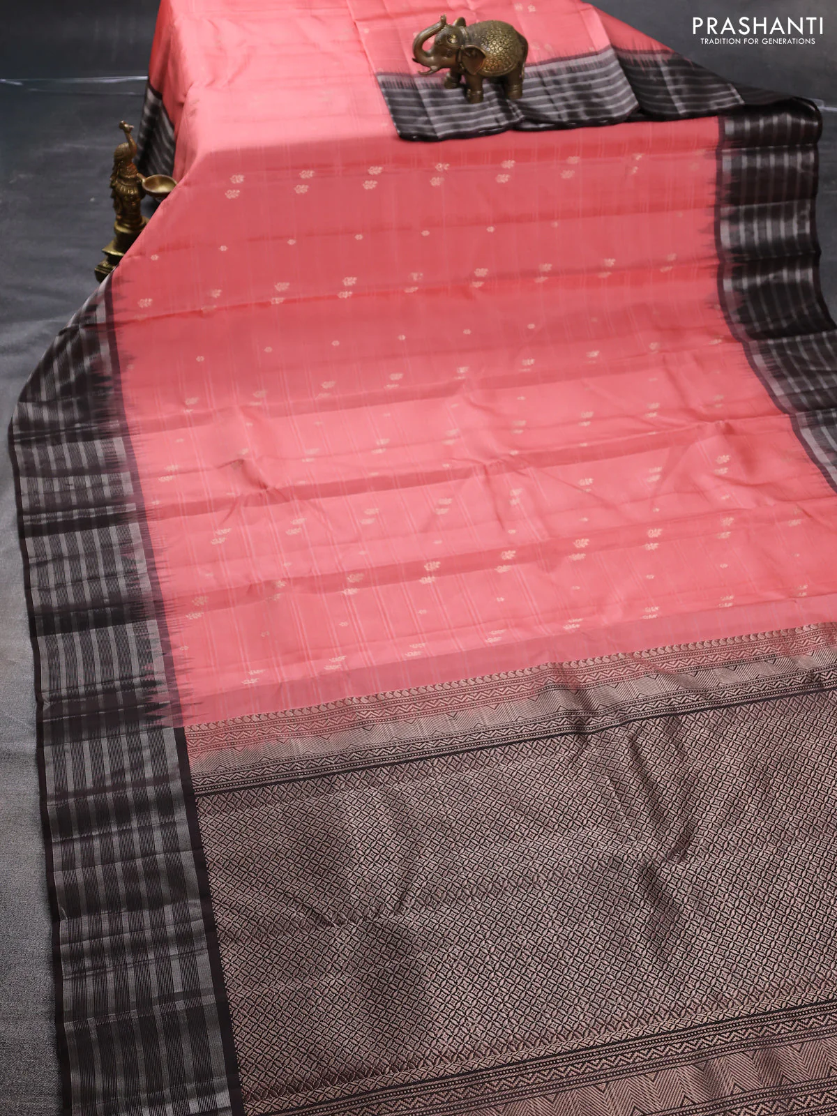 Pure soft silk saree peach shade and coffee brown with zari woven buttas and silver zari woven border - Image 2