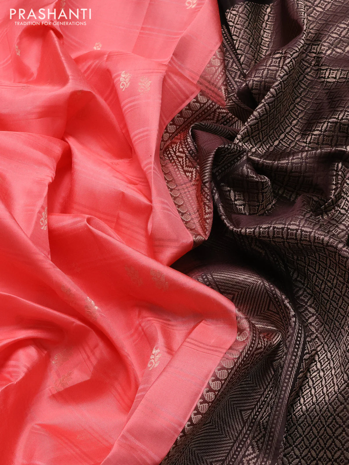 Pure soft silk saree peach shade and coffee brown with zari woven buttas and silver zari woven border - Image 3