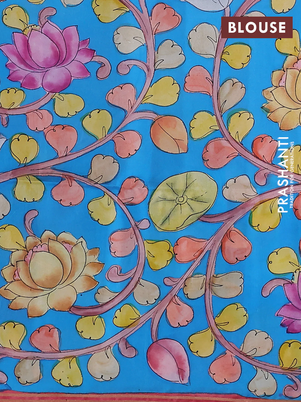 Pure soft silk saree peach shade and cs blue with plain body and kalamkari hand painted border & pallu - Image 3