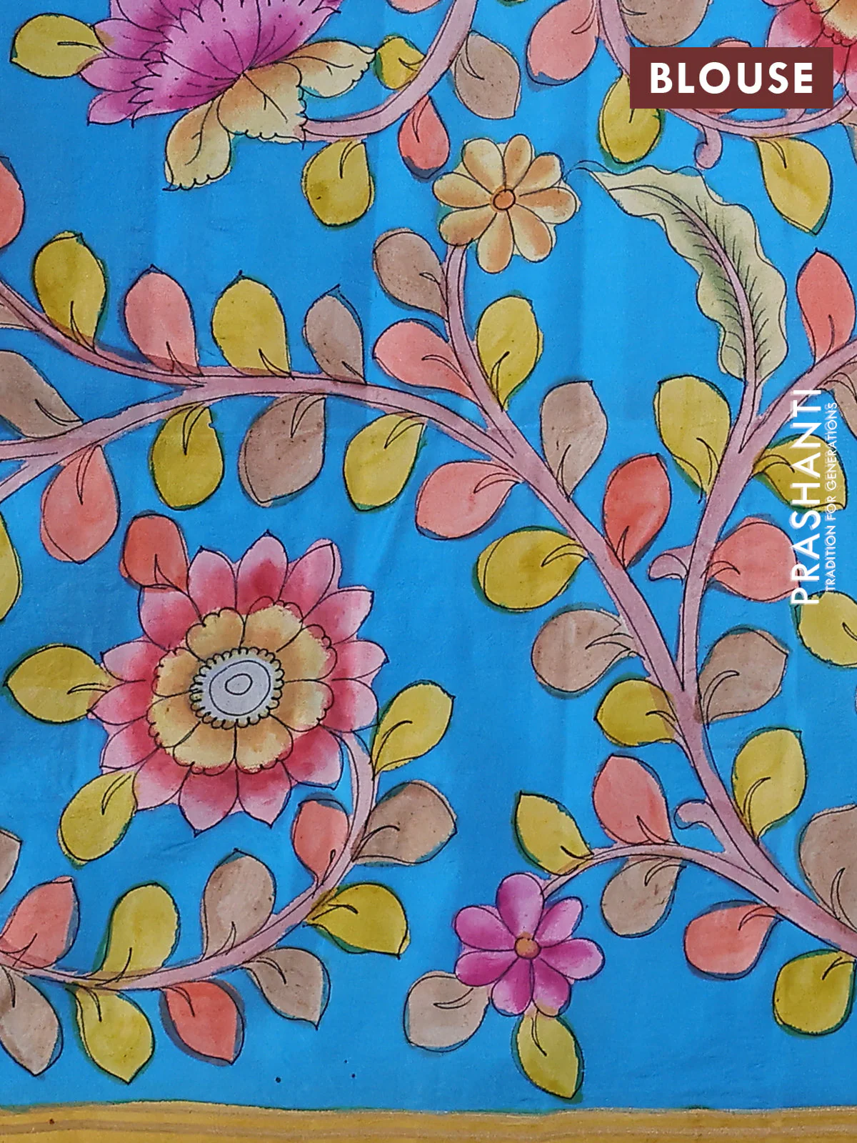 Pure soft silk saree peach shade and cs blue with plain body and kalamkari hand painted border & pallu - Image 3