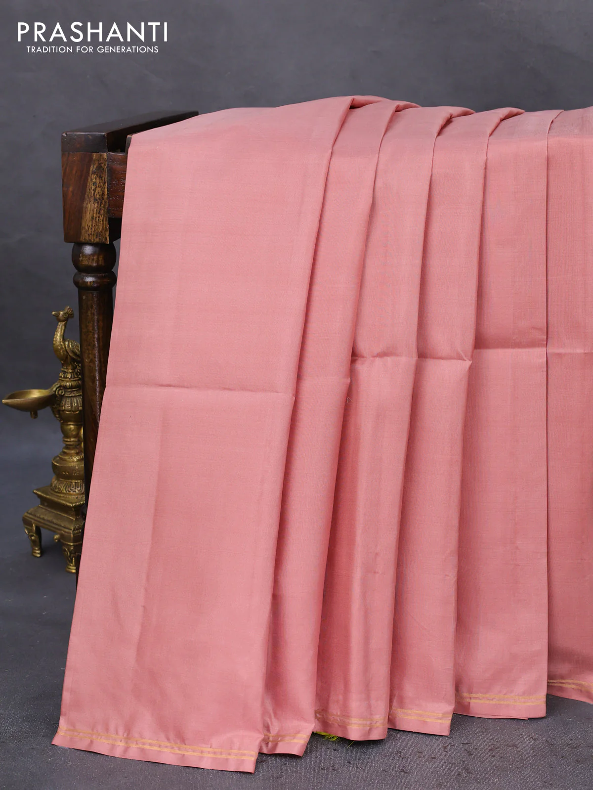 Pure soft silk saree peach shade and lime green with plain body and hand painted kalamkari pallu - Image 2