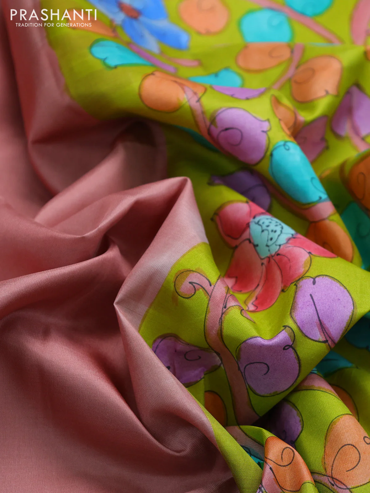 Pure soft silk saree peach shade and lime green with plain body and hand painted kalamkari pallu - Image 3
