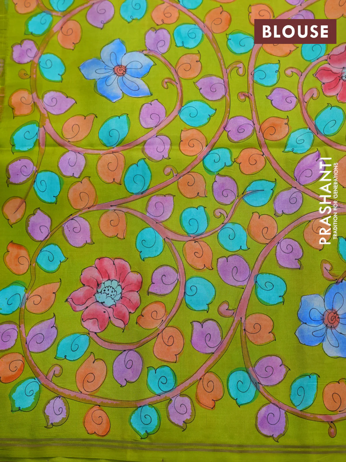Pure soft silk saree peach shade and lime green with plain body and hand painted kalamkari pallu - Image 4