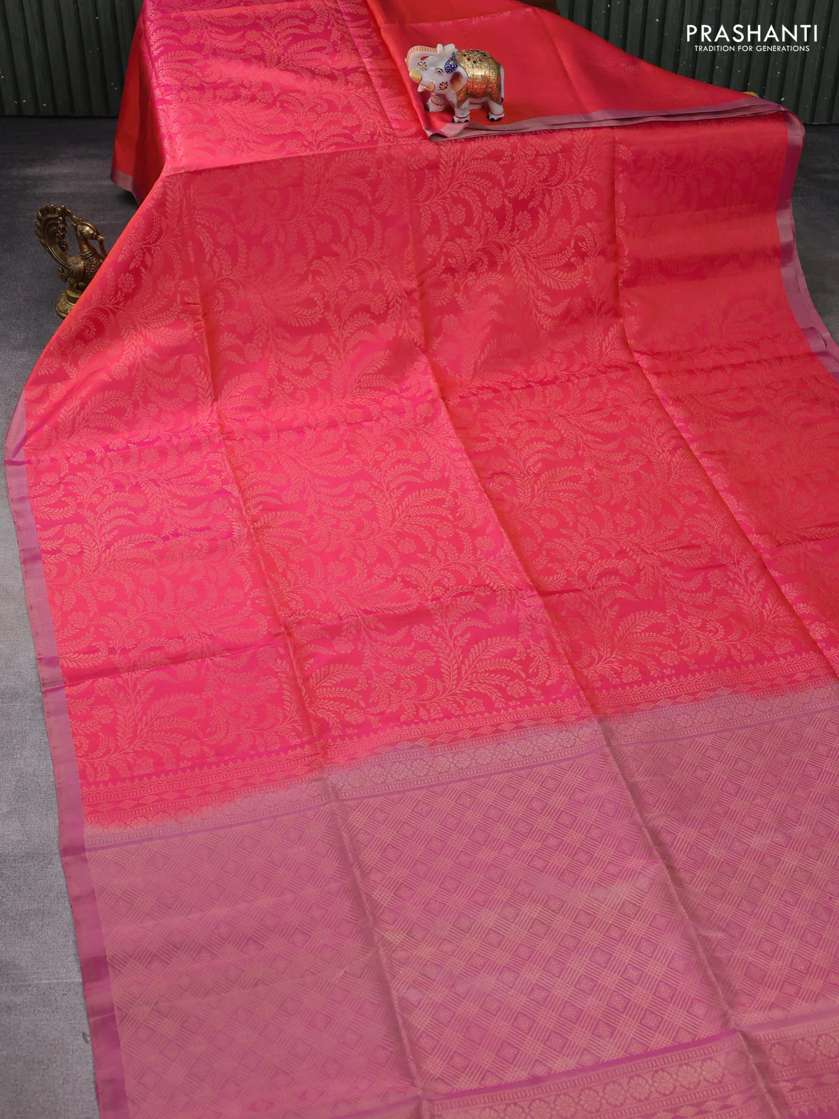 Pure soft silk saree peach shade and purple with allover zari brocade weaves and piping border - Image 2