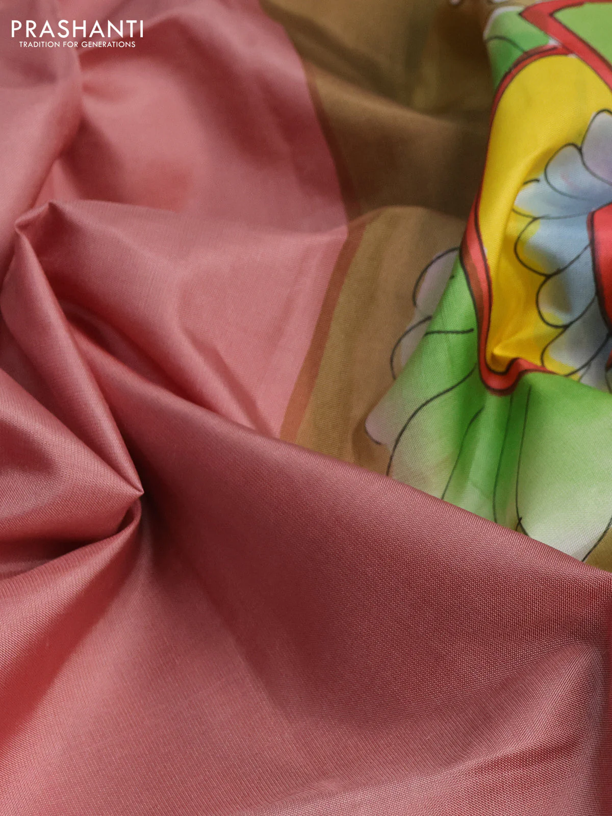 Pure soft silk saree peach shade and sandal with plain body and hand painted pallu & blouse - Image 2