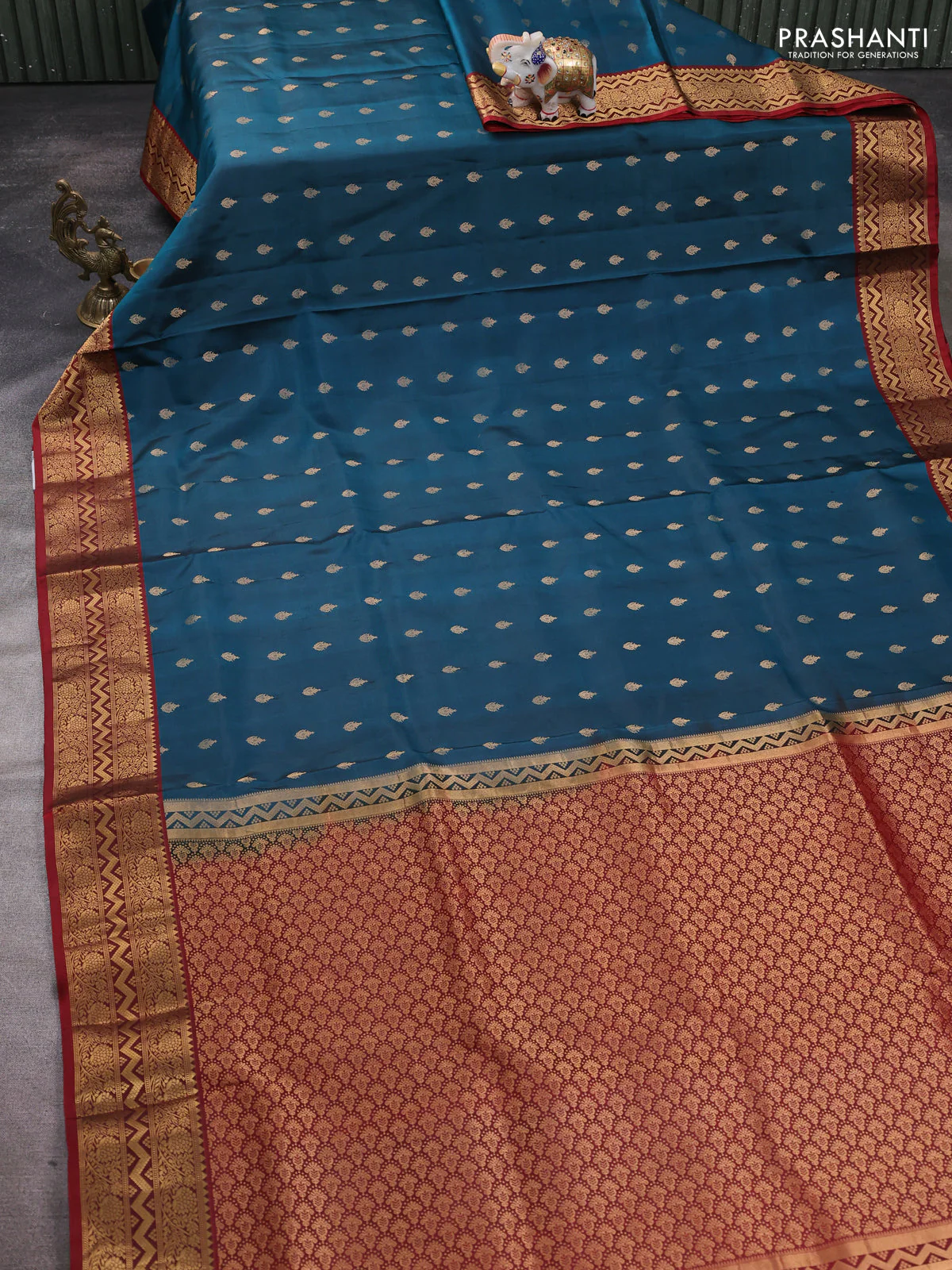 Pure soft silk saree peacock blue and maroon with allover zari woven buttas and zari woven border - Image 2